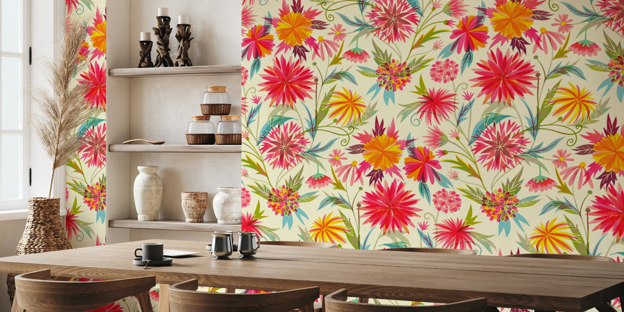 Colorful dahlias wall mural with multicolored flowers on a cream background