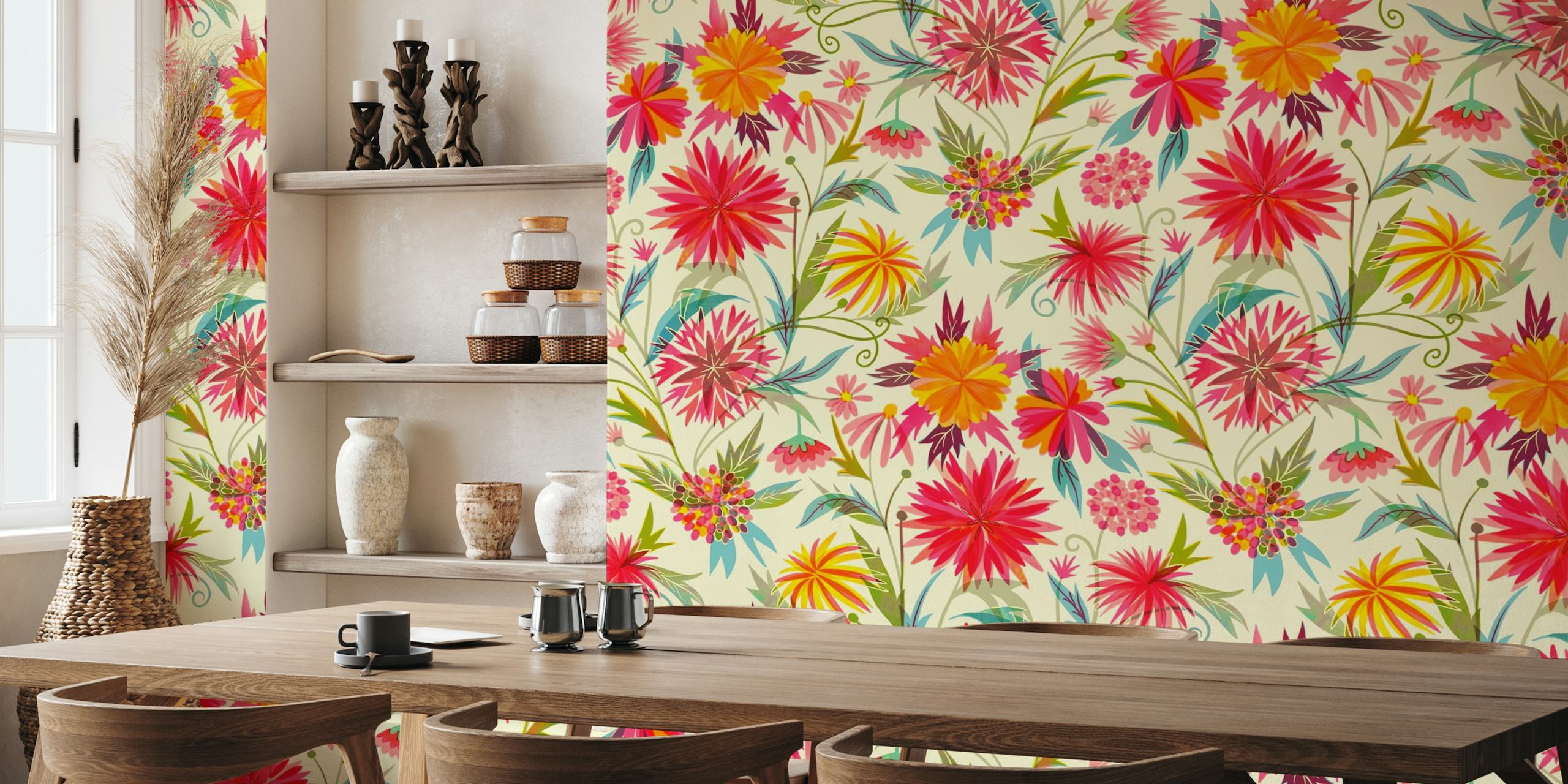 Värikäs daalia-seinämaalaus monivärisillä kukilla kermanvärisellä taustalla