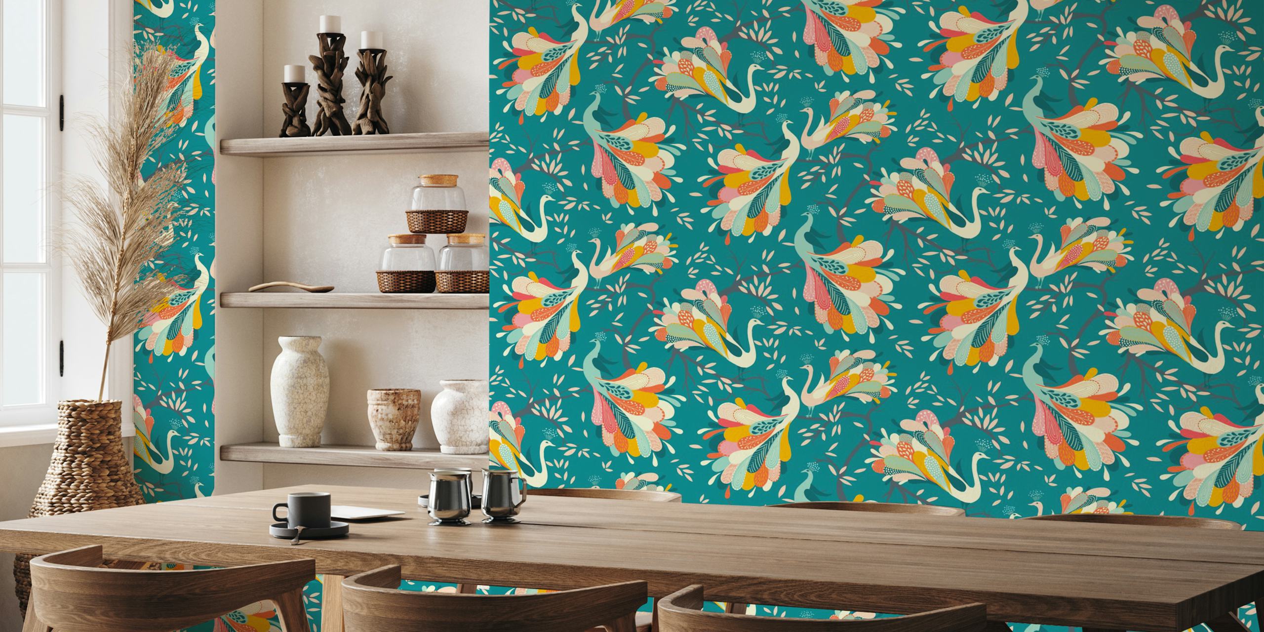 Paisley peacock wallpaper design in a room