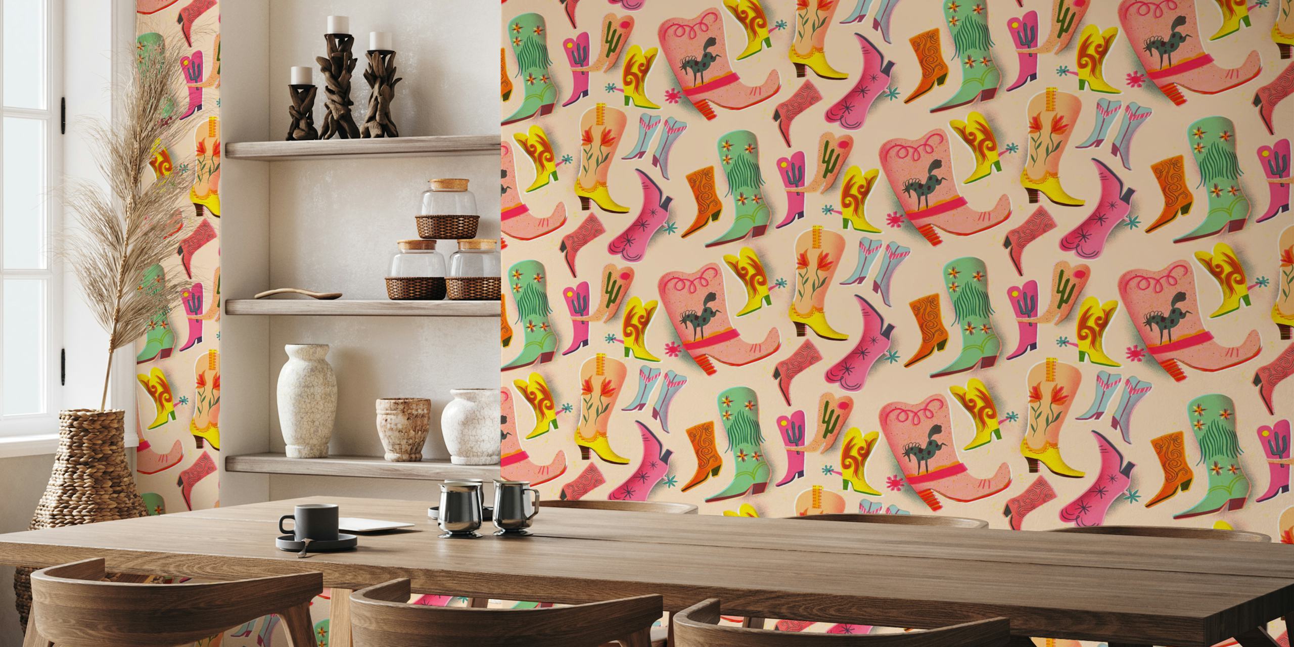 Colorful cowboy boots in shades of pink, green, and yellow wallpaper