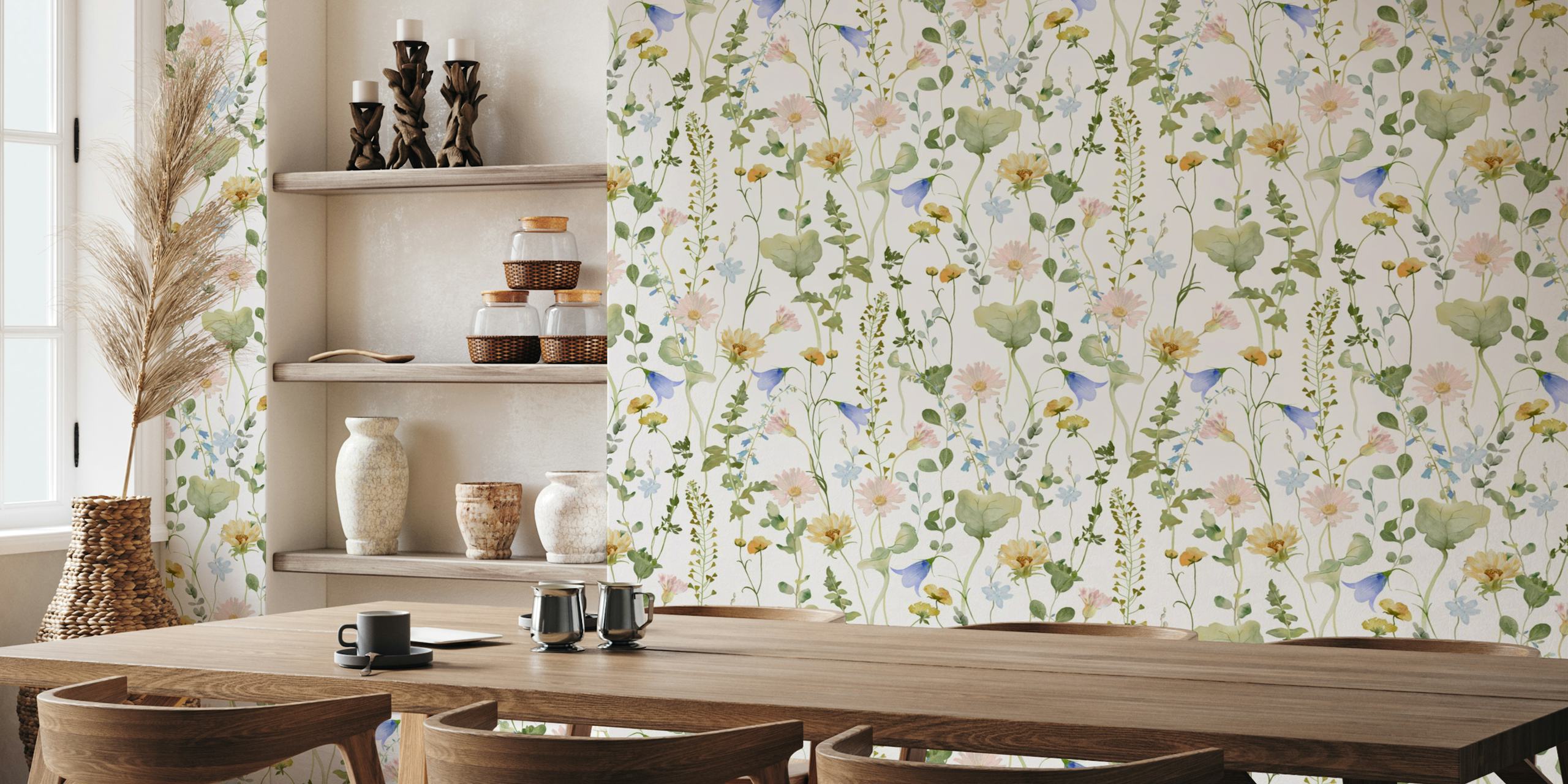 Lumoava Wildflowers Meadow -seinämaalaus, jossa on erilaisia pastellivärisiä luonnonkukkia ja vehreyttä