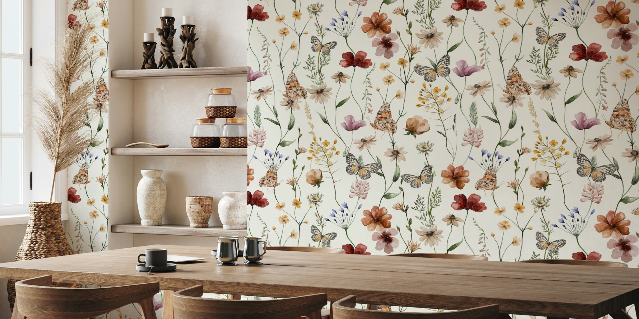 Floral wildflowers in pastel colors with butterflies wallpaper