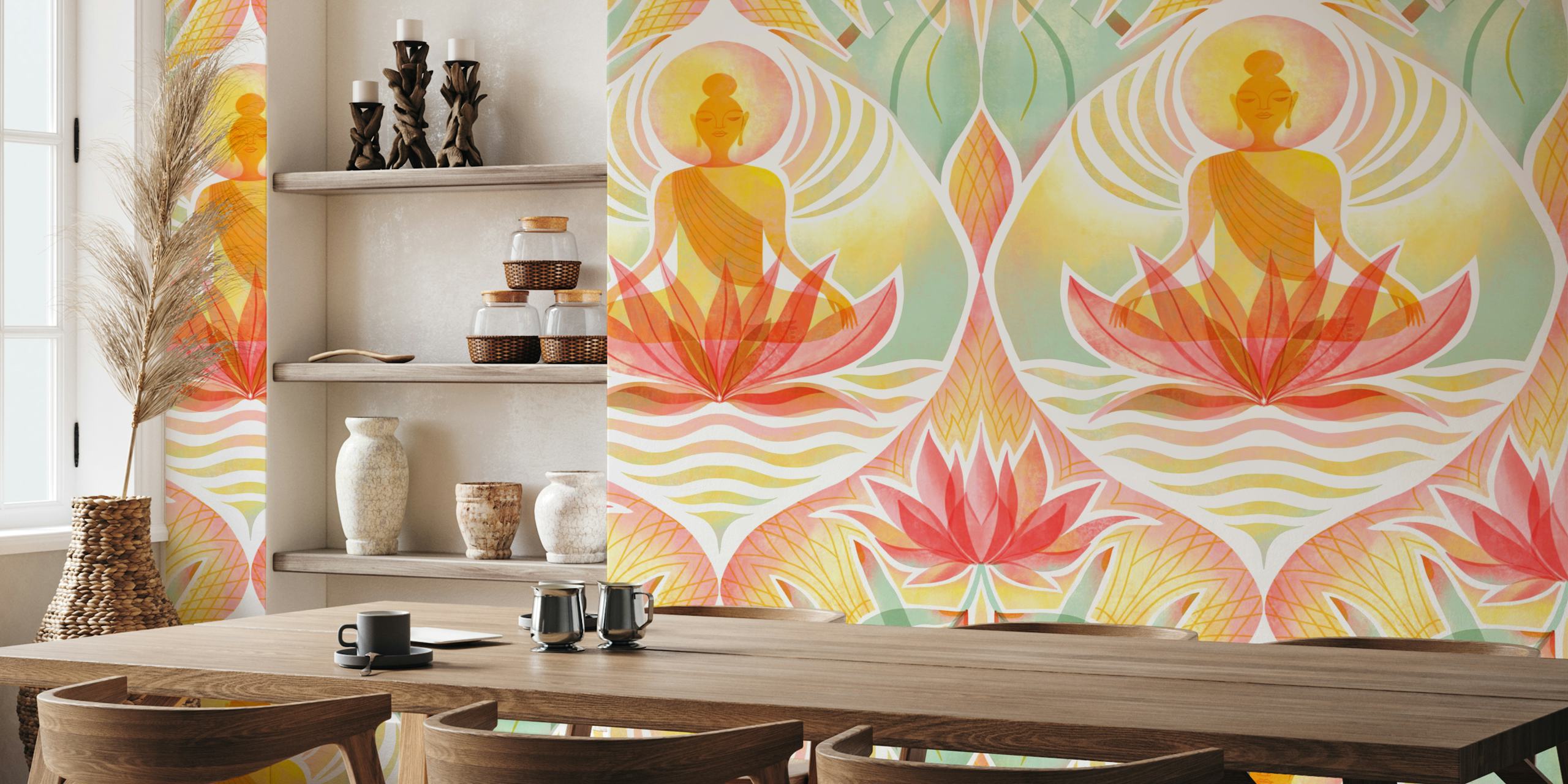 Meditating figure and lotus flower wall mural on a damask pattern background