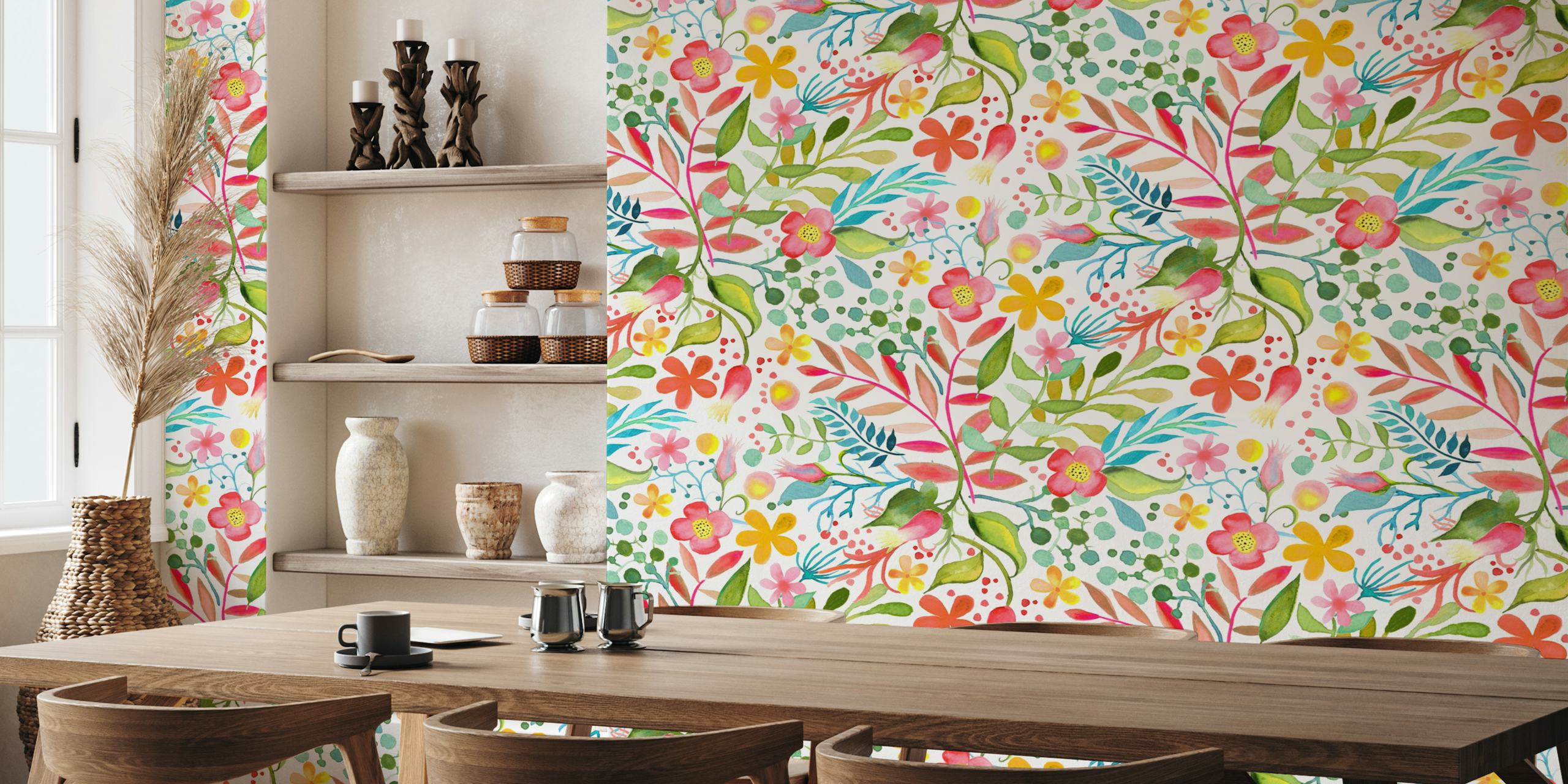 Summer garden watercolor wallpaper design in a room