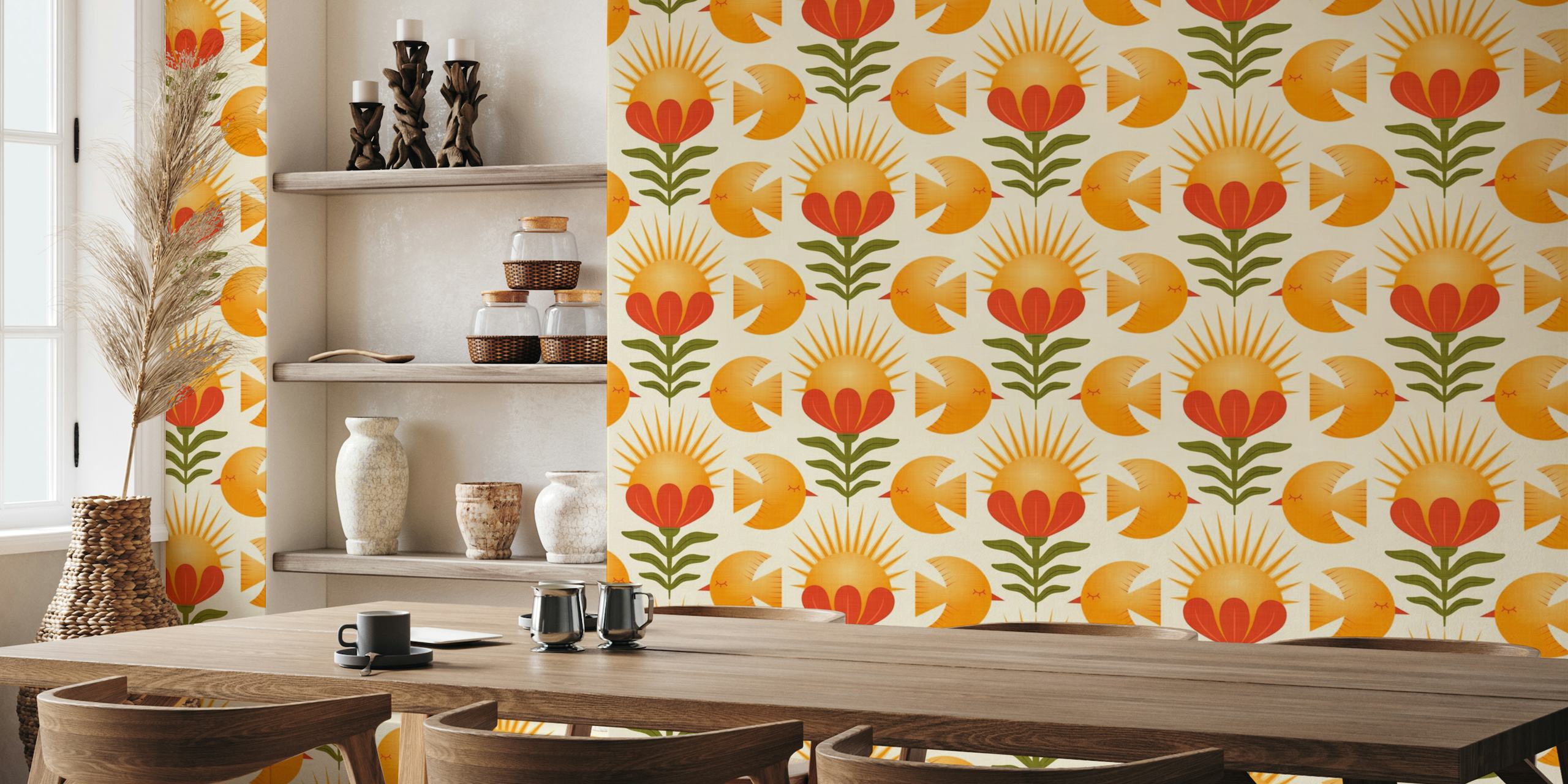 Vintage-inspired wall mural featuring stylized birds, sun shapes, and blooming flowers with a retro color palette.
