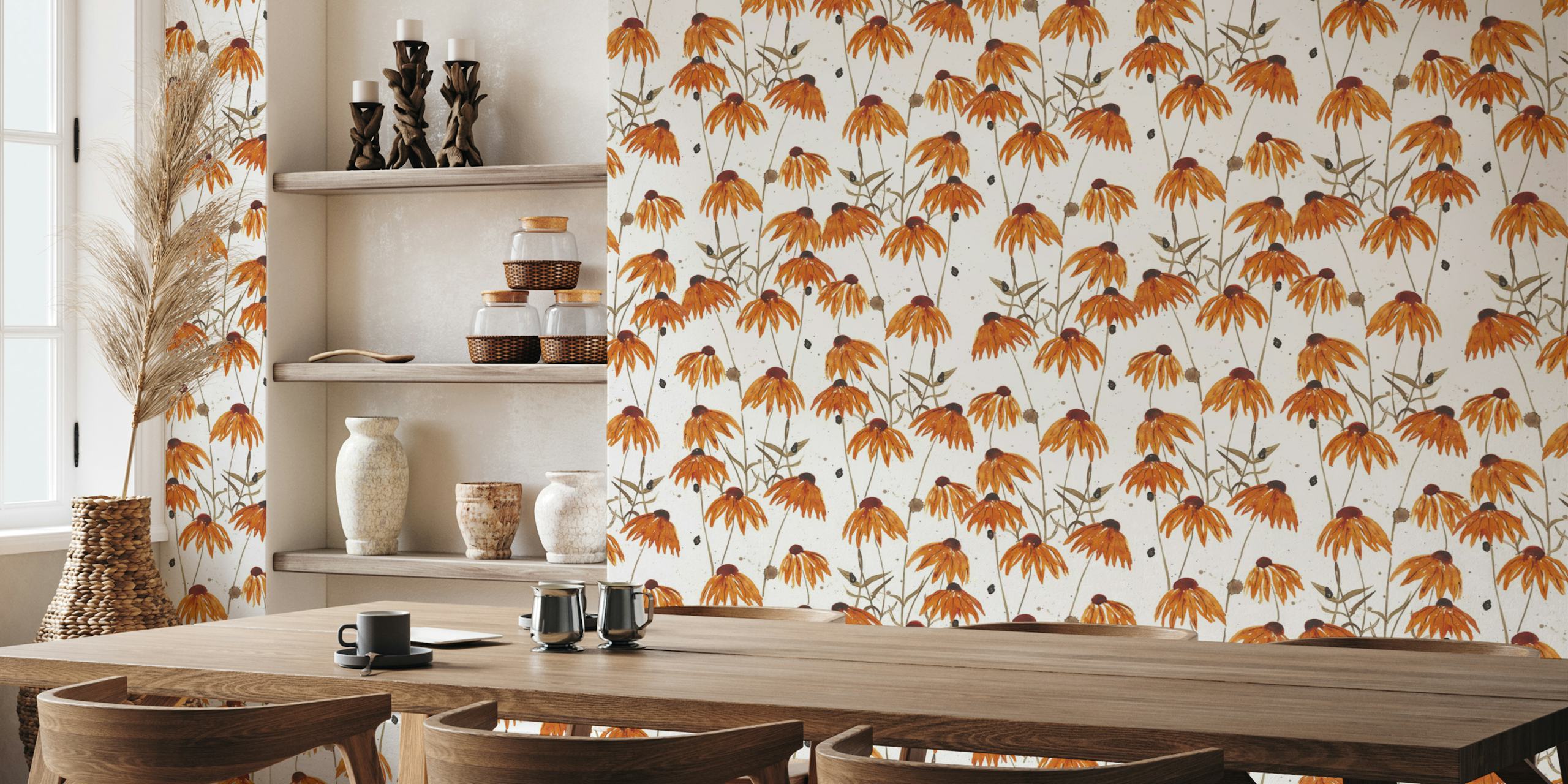Papier peint mural d'échinacées orange avec un motif de fleurs colorées sur un fond blanc propre