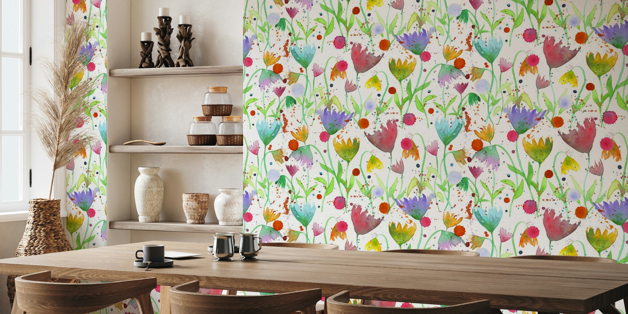 Colorful watercolor flowers wall mural for home decor