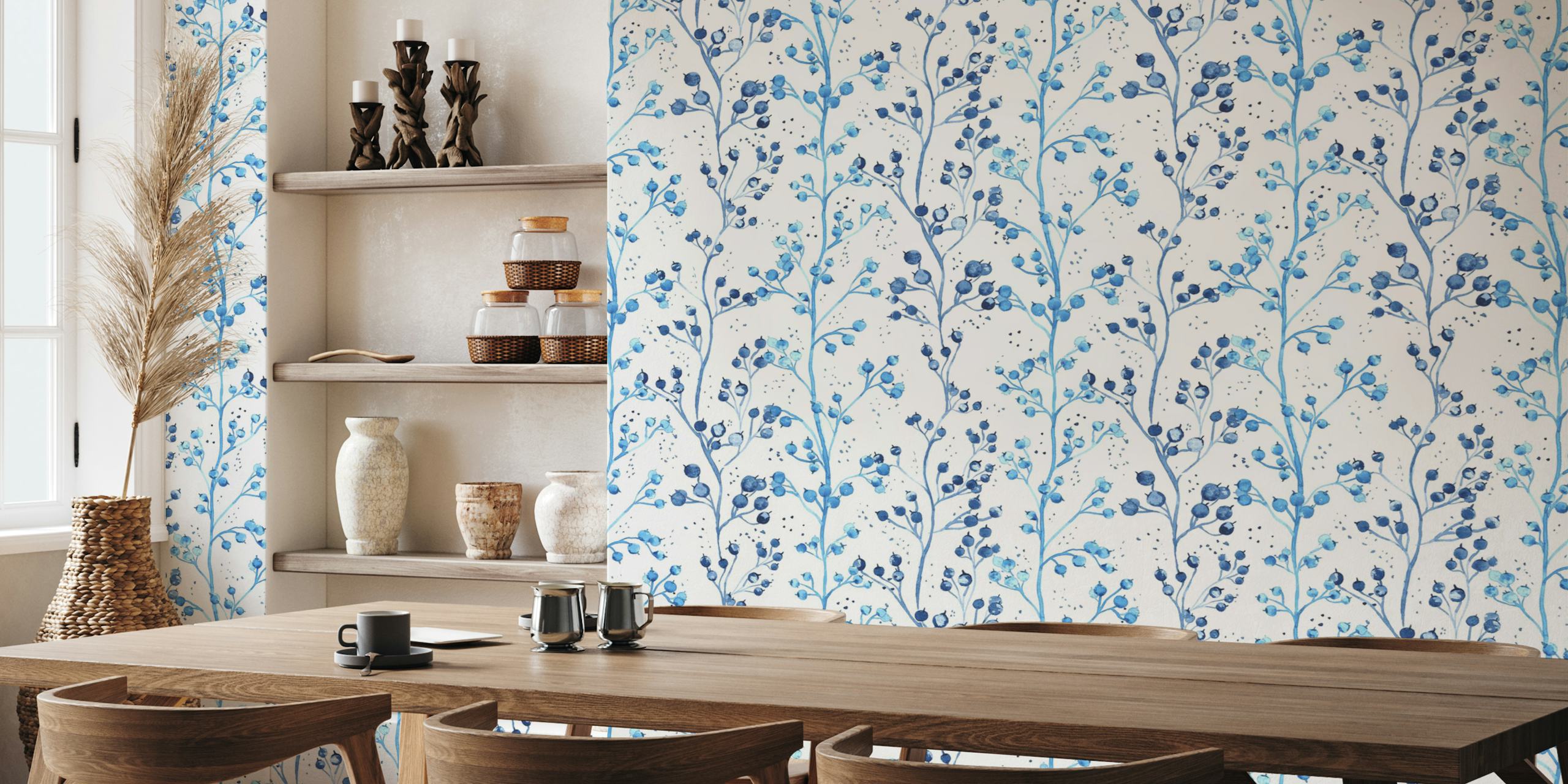 Blueberries branches on white background watercolor wallpaper