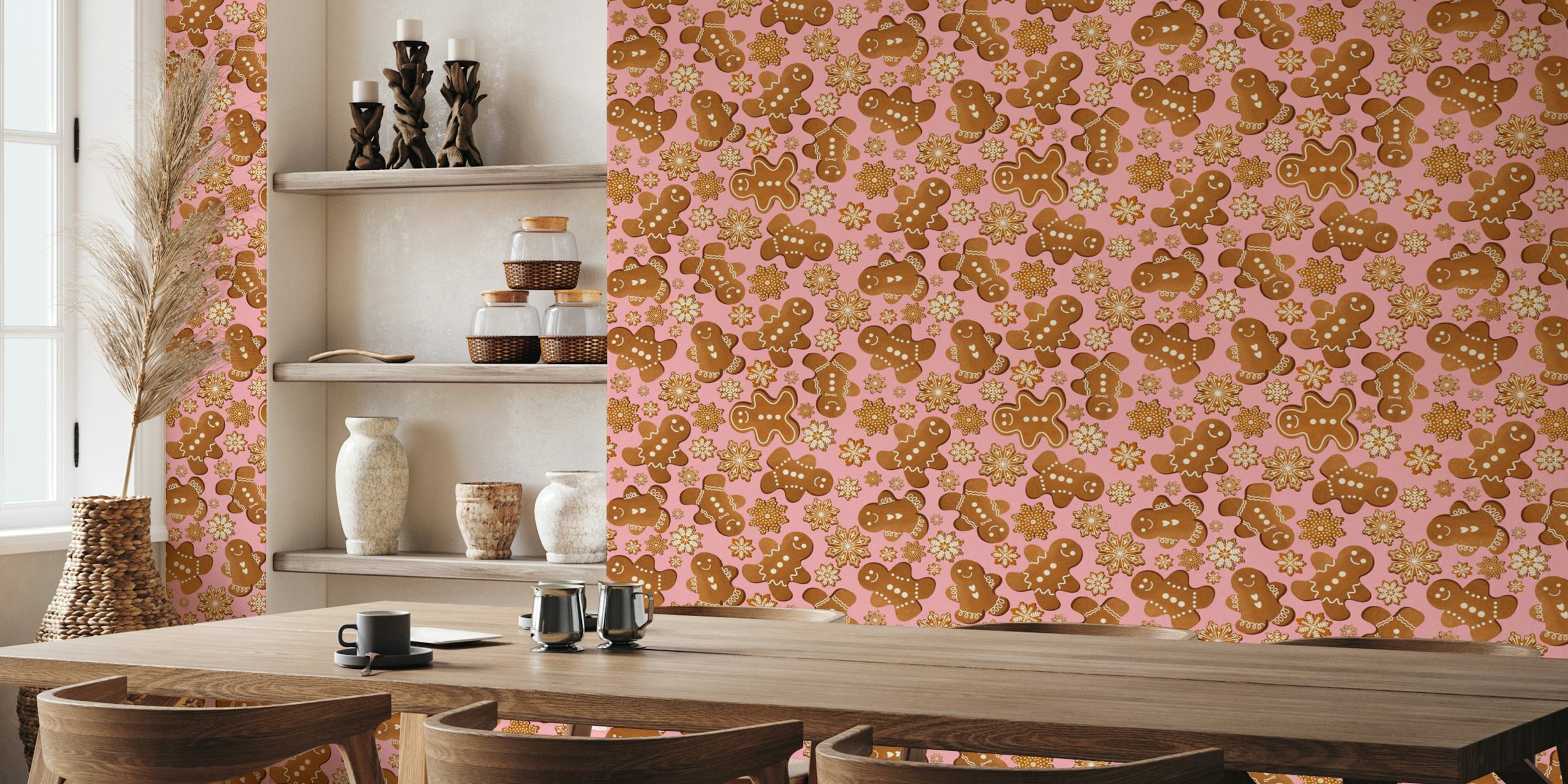 Fotomural formas de galletas de jengibre navideñas sobre fondo rosa
