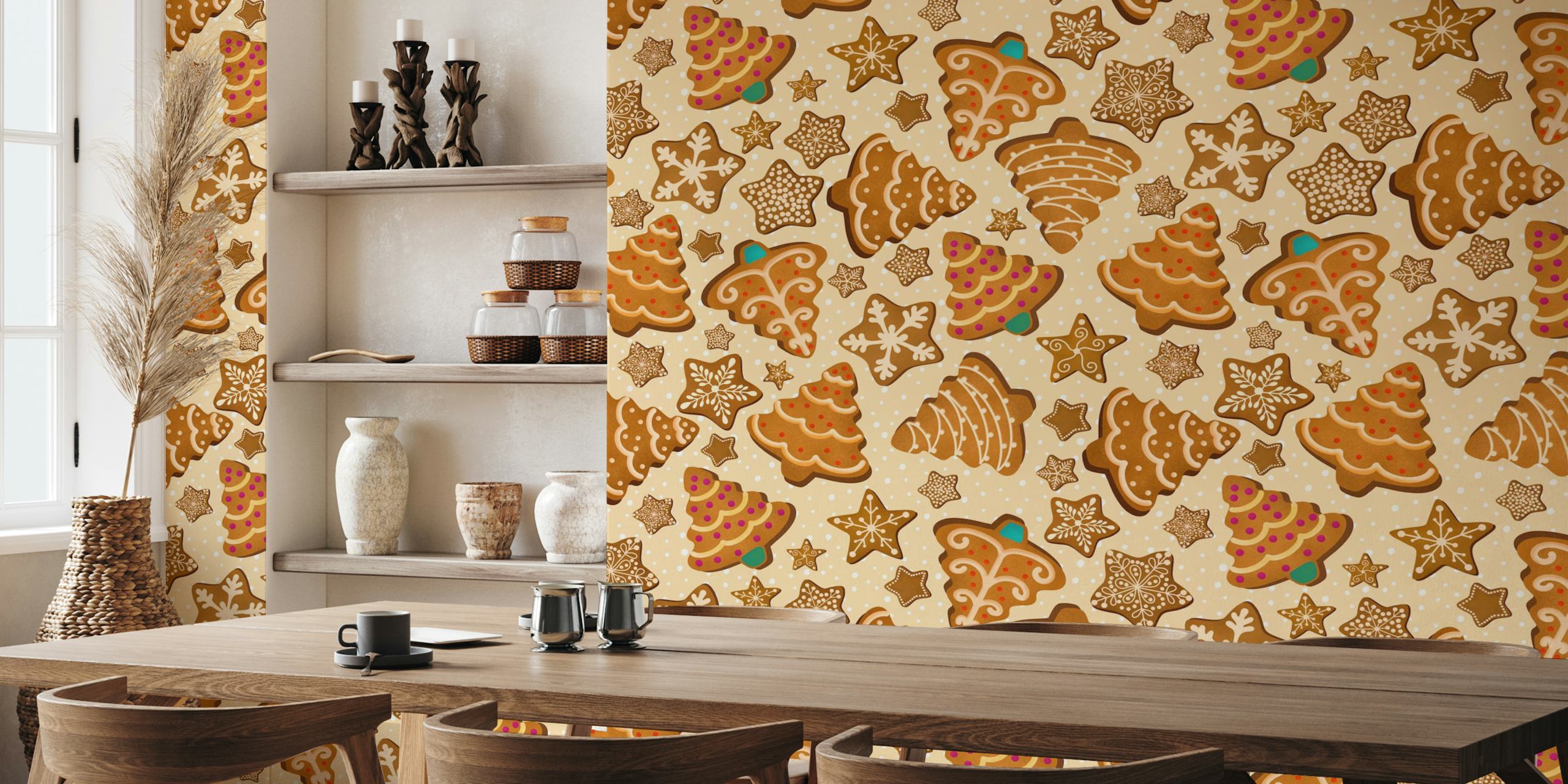Gingerbread cookies, Christmas trees, and stars in festive colors on beige wallpaper