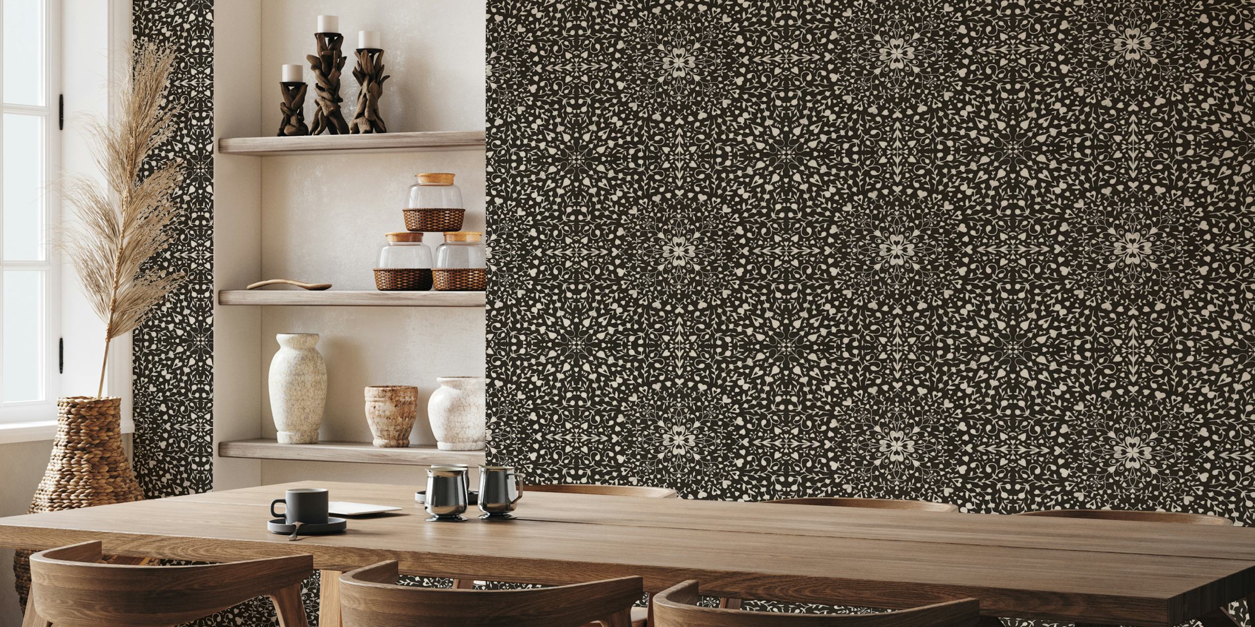 Black and white floral mandala pattern wall mural