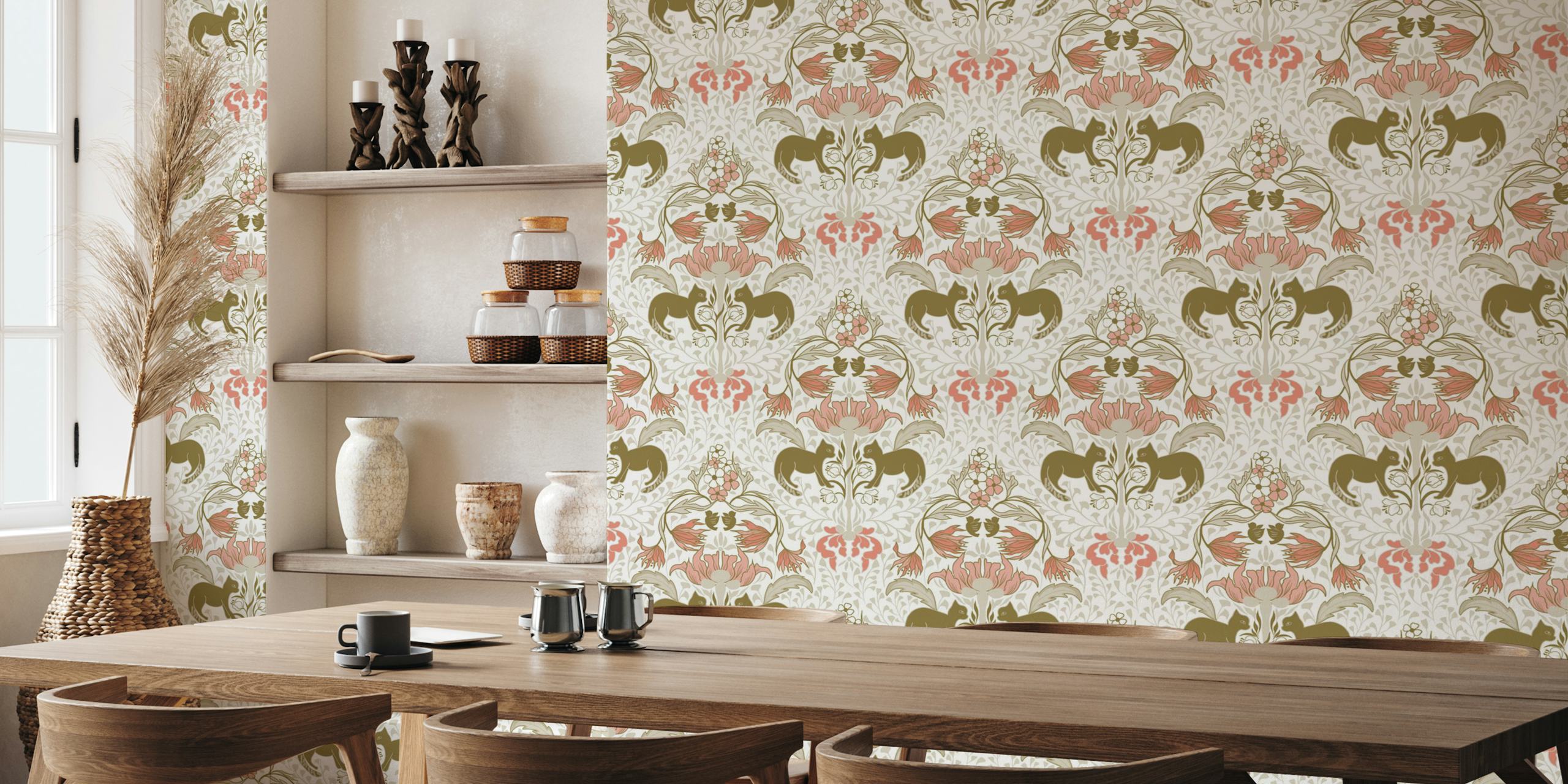 Süße Katzen und Blumen in Rosa und Beige Tapete