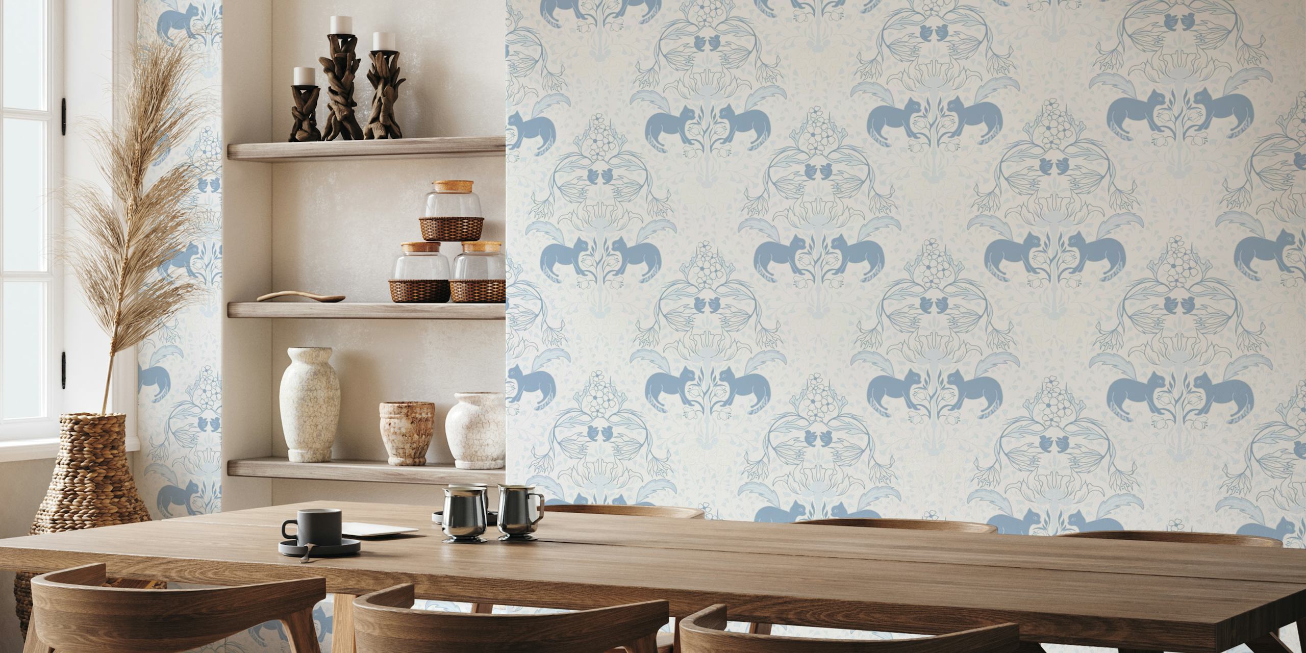Blue and cream hunting cat patterned wall mural