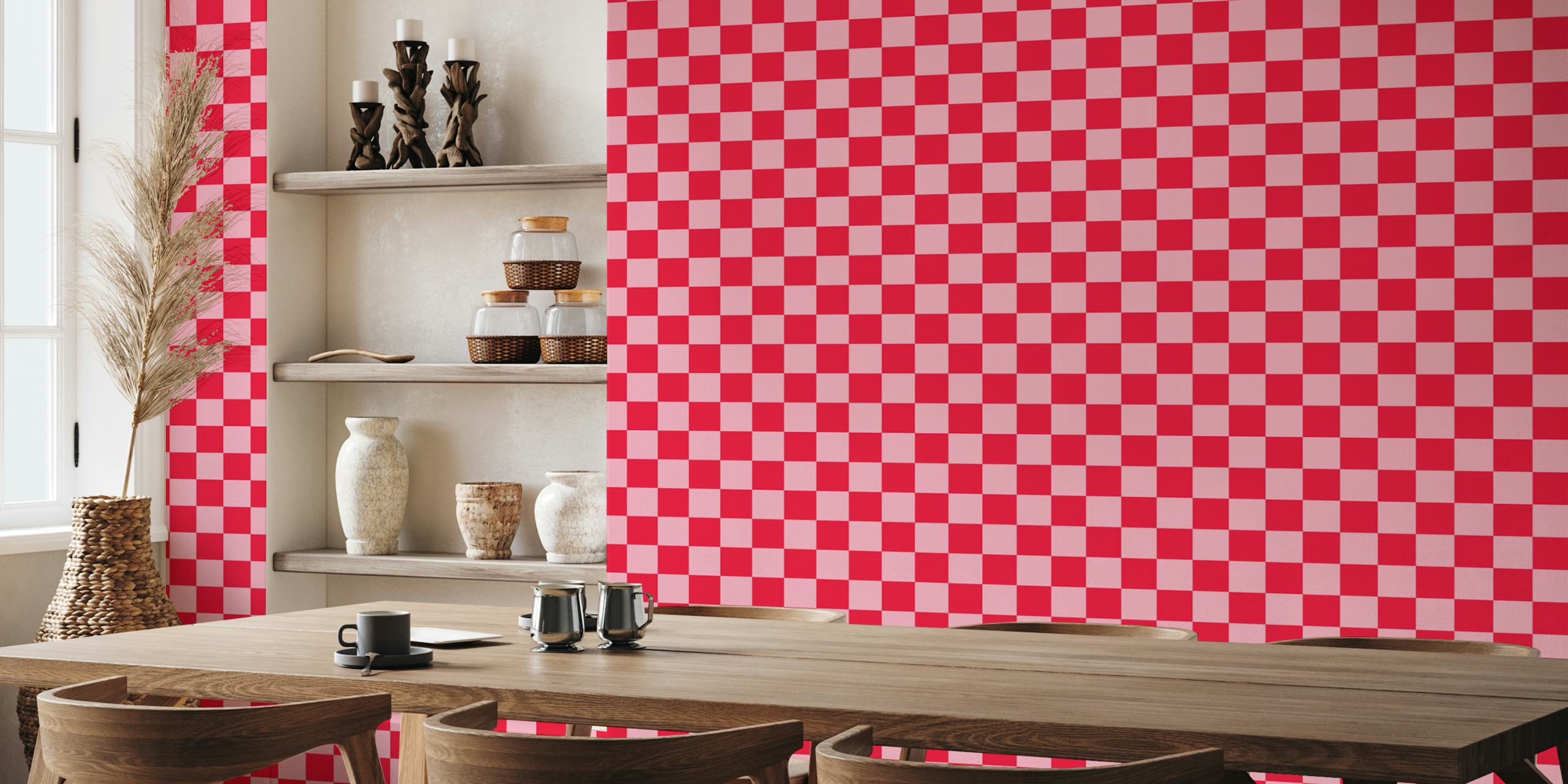 Checkerboard pink and red wallpaper in a room