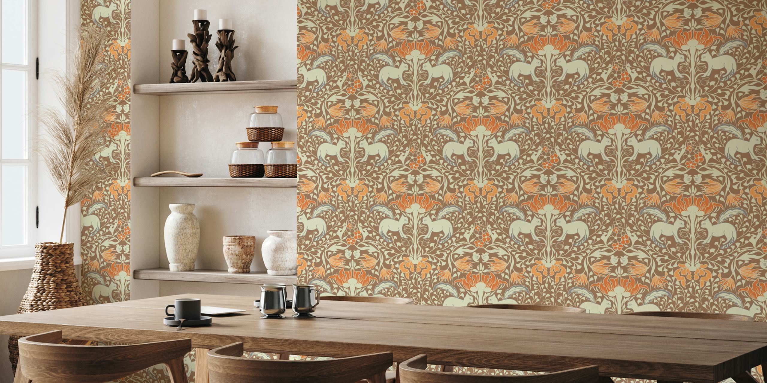 Floral pattern featuring hunting cats, orange and teal details, nature-inspired wallpaper