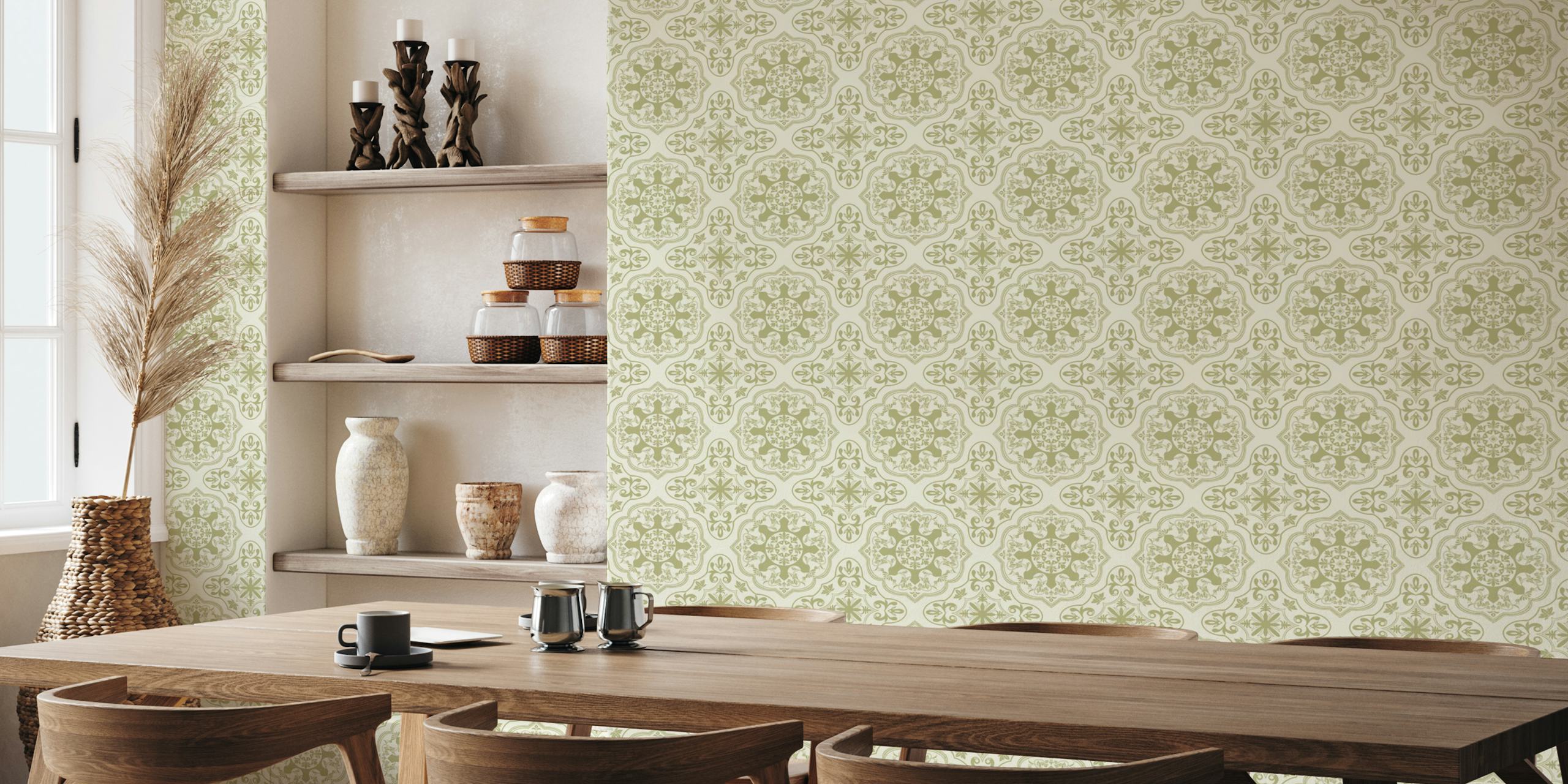 Green medallion patterns on cream background wallpaper