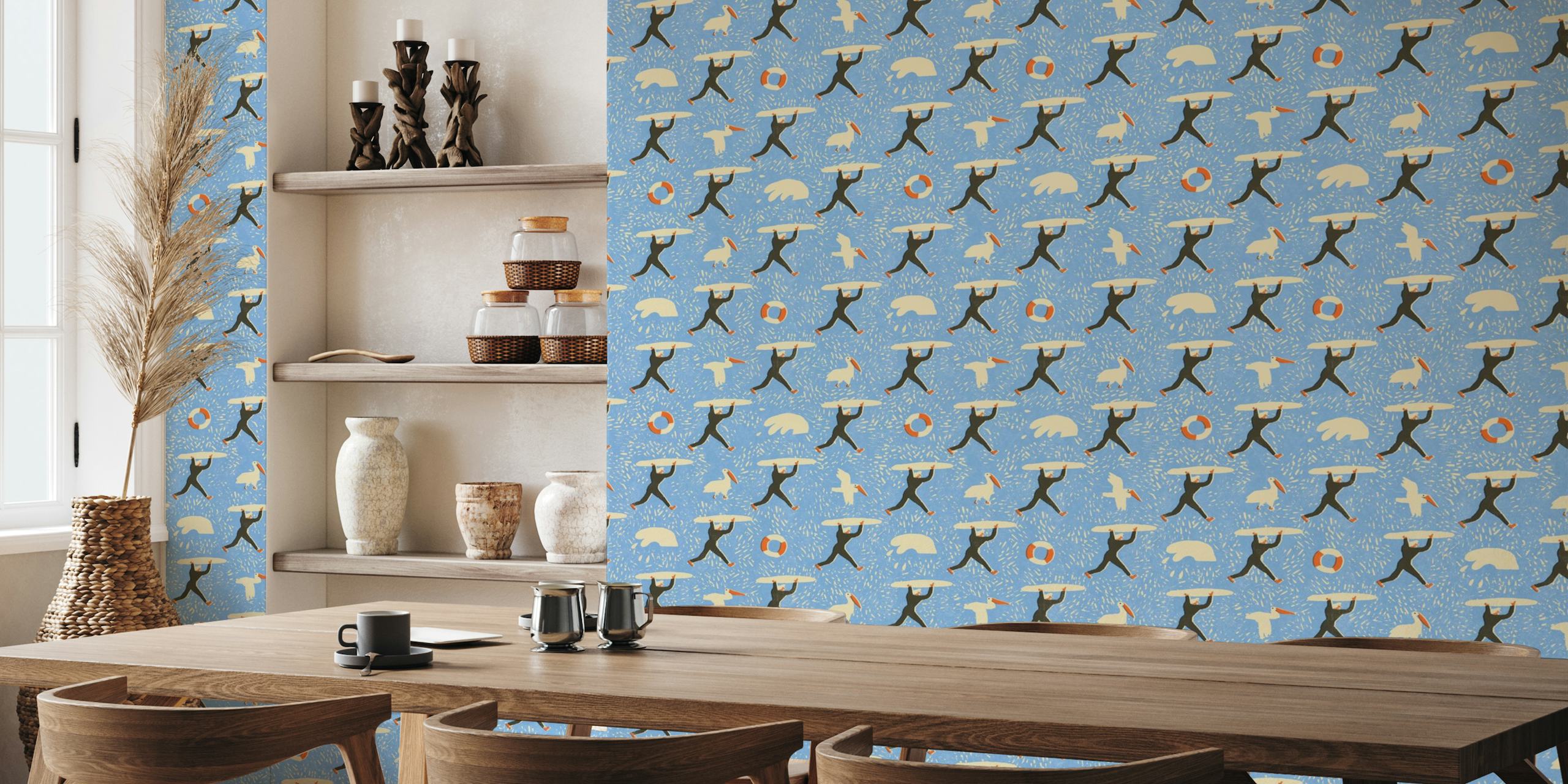 Surfer and seagull patterned wall mural with a cool blue oceanic background
