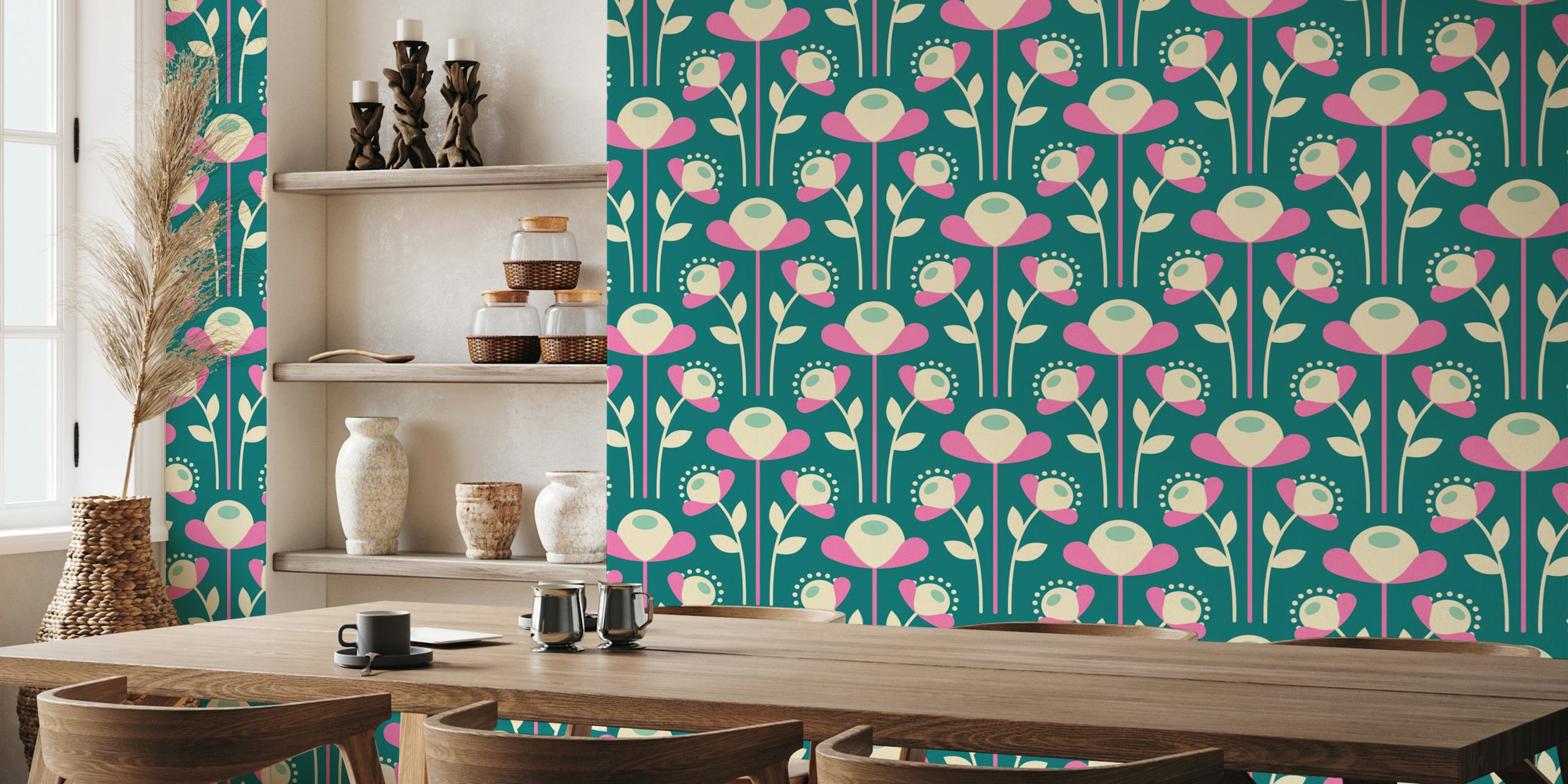 Vintage floral wallpaper featuring pink flowers on a green background