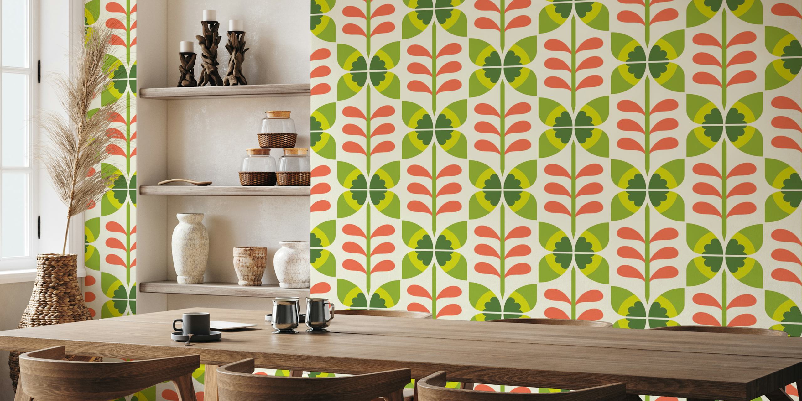 Retro butterflies flowers behang in een kamer
