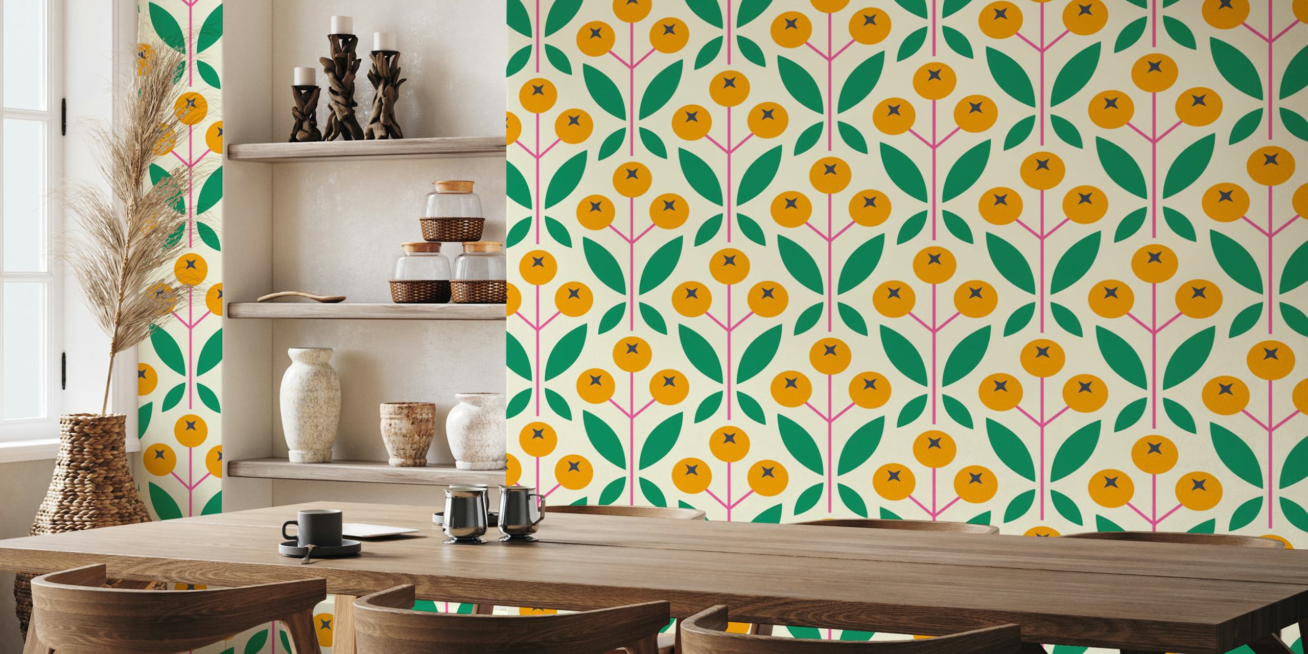 Geometric yellow berries wallpaper in a room