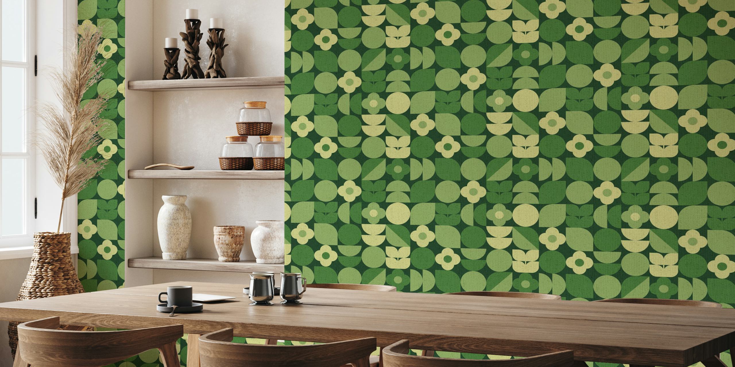Diseño de papel pintado Geo Bauhaus Green Floral Shapes