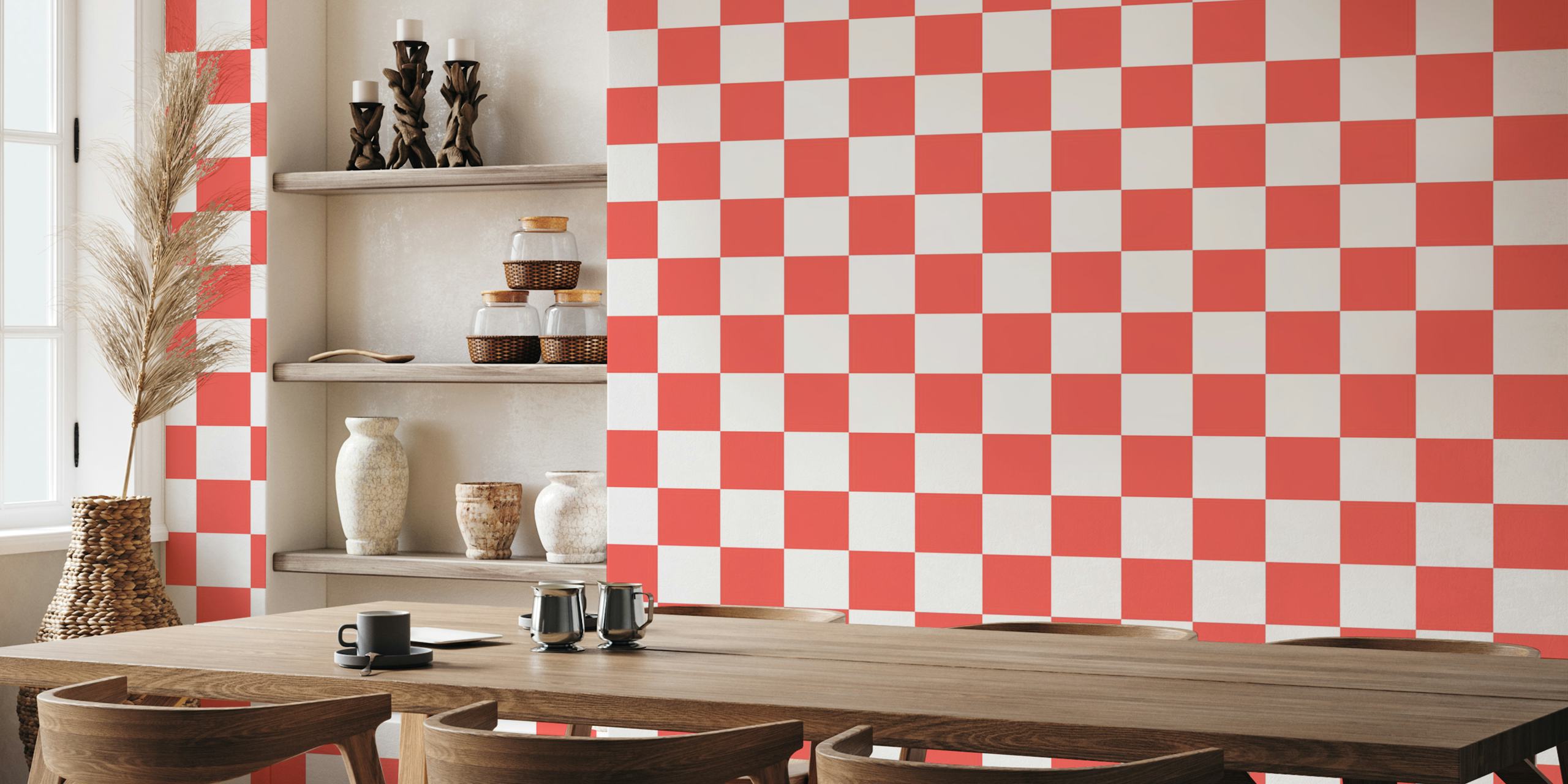 Soft red and white checkerboard pattern wall mural