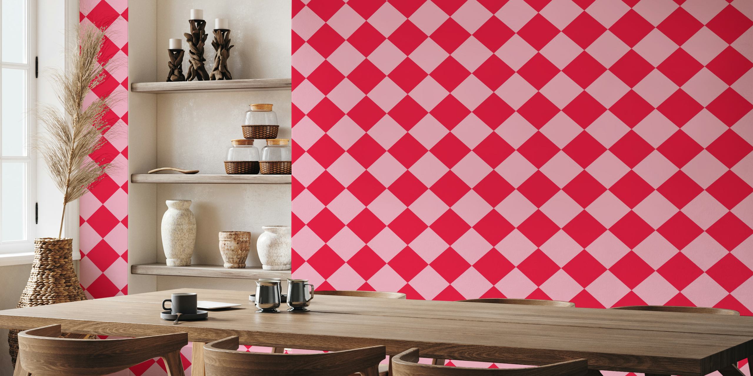 Design della carta da parati a scacchi rosa e rossa