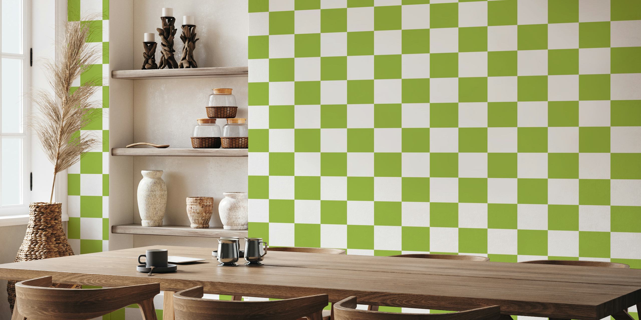 Diagonal checkerboard pattern wall mural in warm green and white shades