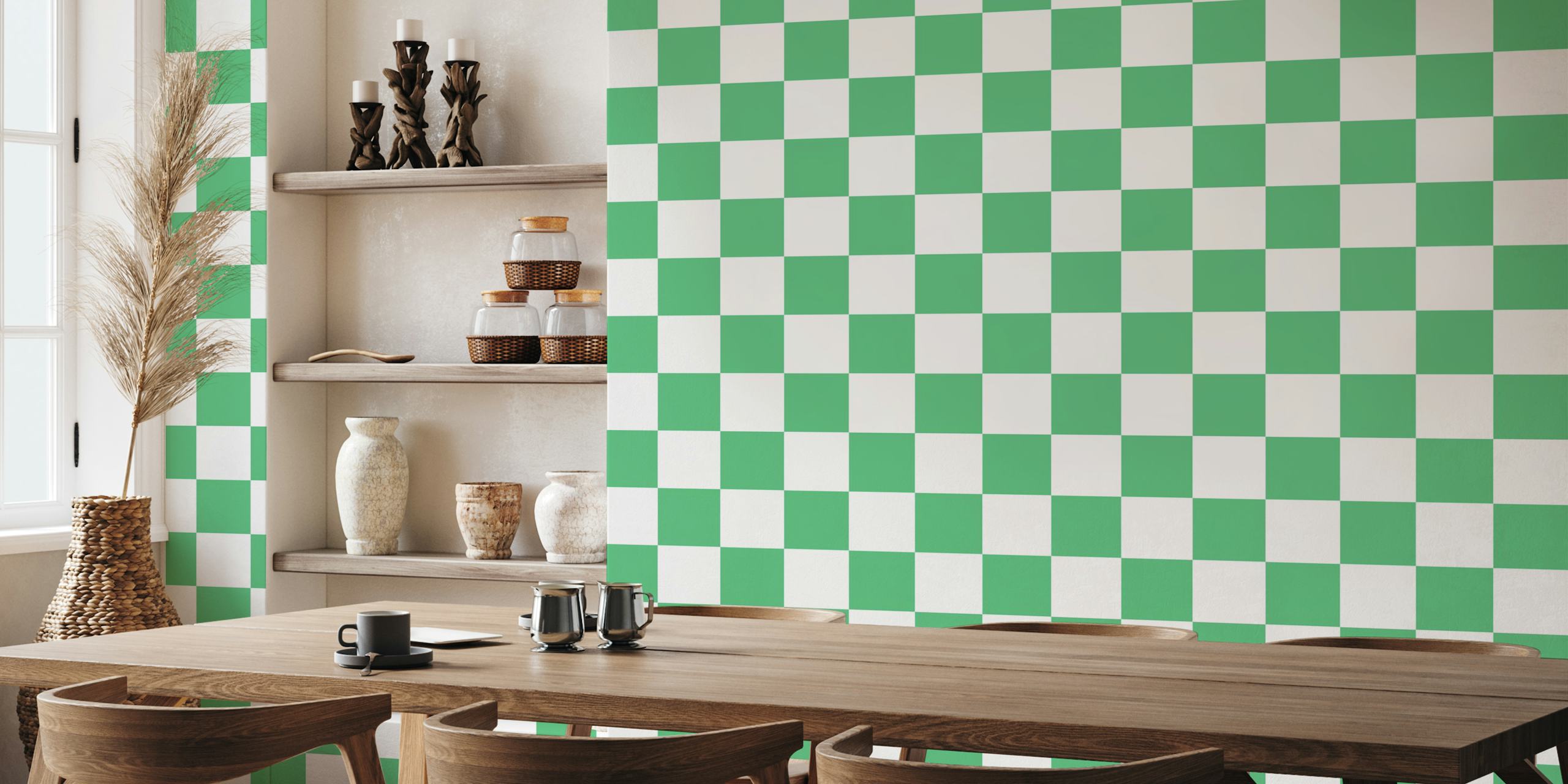Large checkerboard pattern wall mural in mint green and white