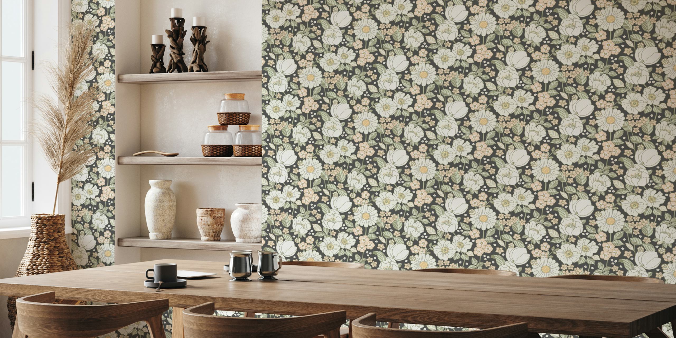 Garden Bloom Grey - Carta da parati media con fogliame grigio e fiori bianchi