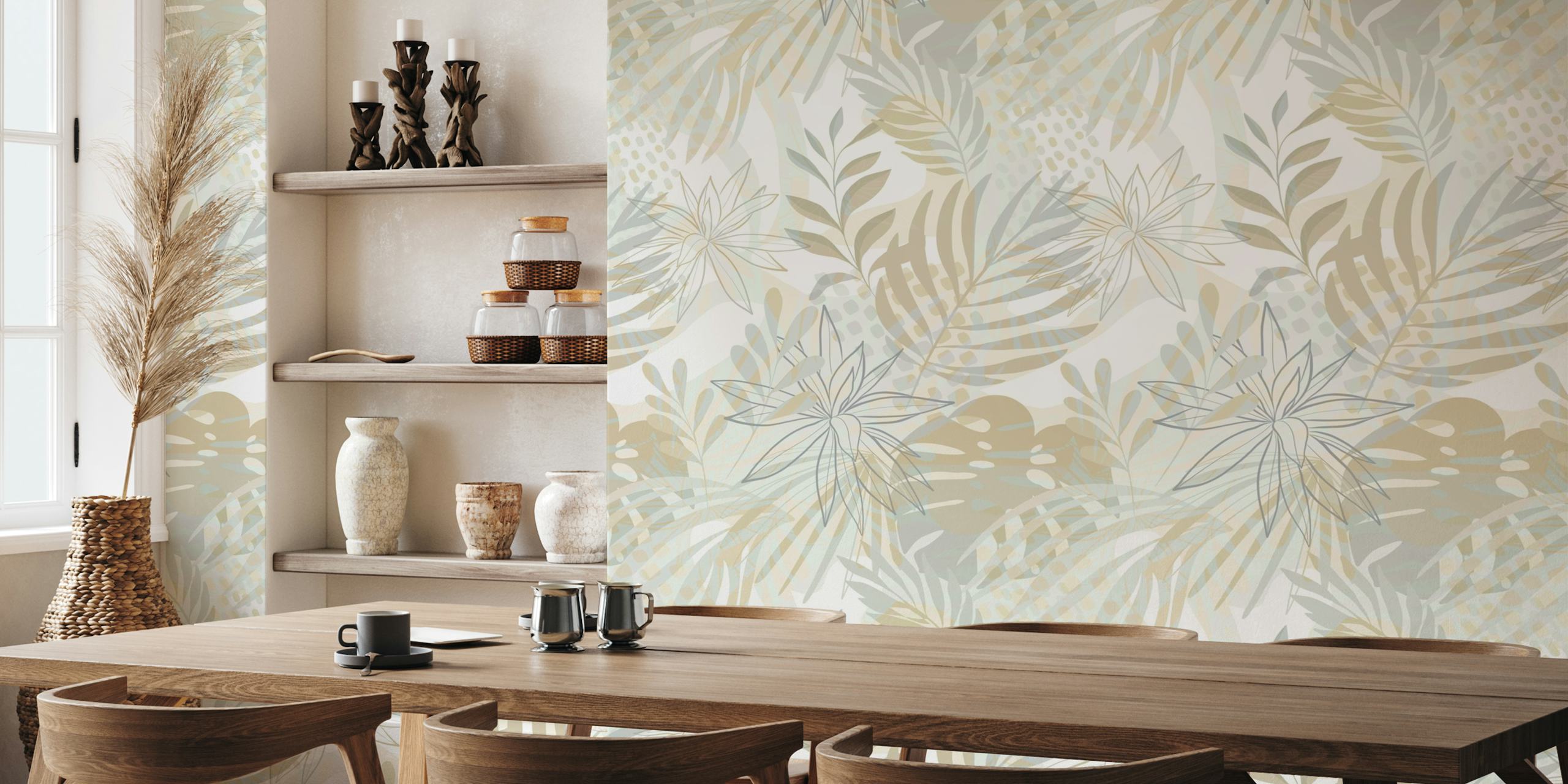 Soft green tropical floral wallpaper with leaf patterns
