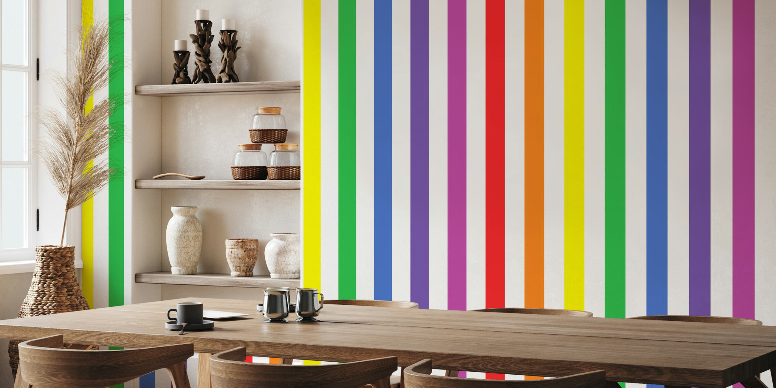 Colorful vertical stripes in red, orange, yellow, green, blue, and purple wallpaper