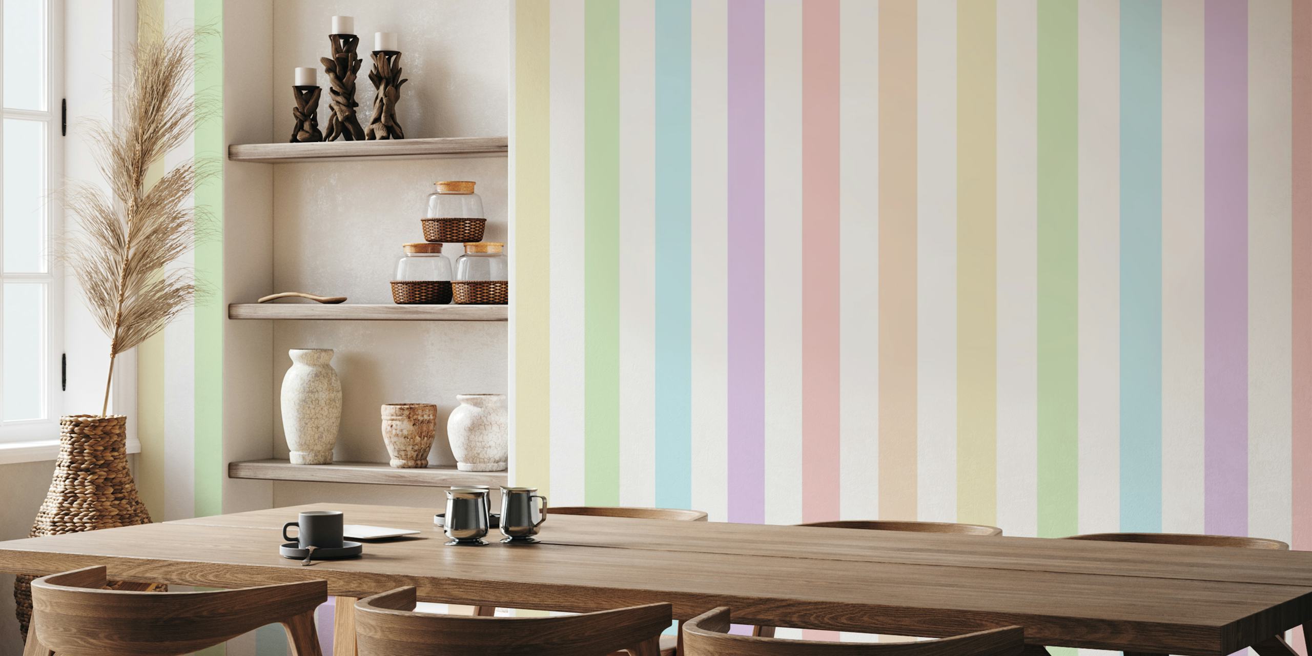 Pastel rainbow stripes in soft pink, yellow, green, blue, and lavender colors wallpaper