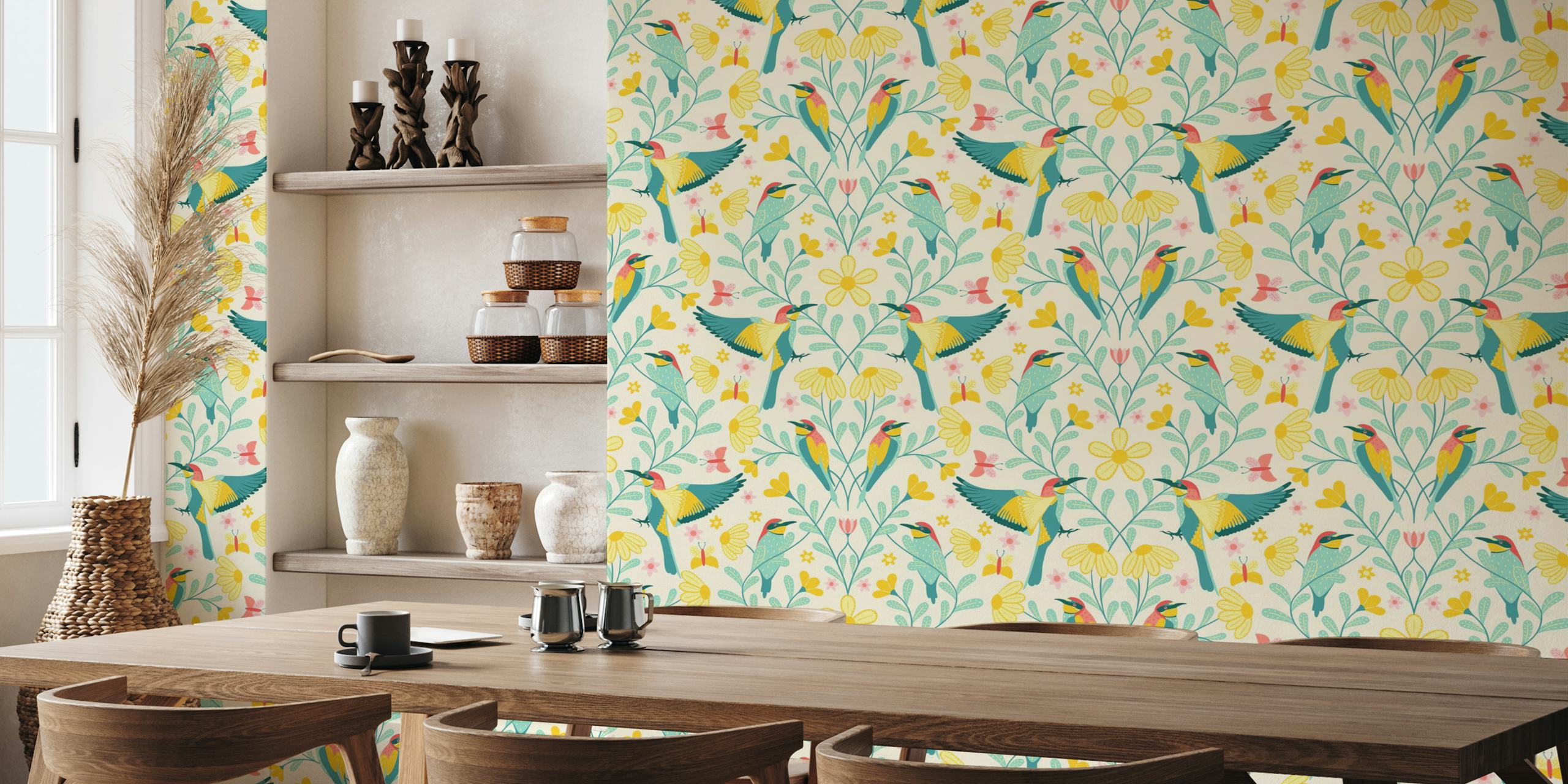 Bee-eater birds with yellow and pink flowers on cream background wallpaper