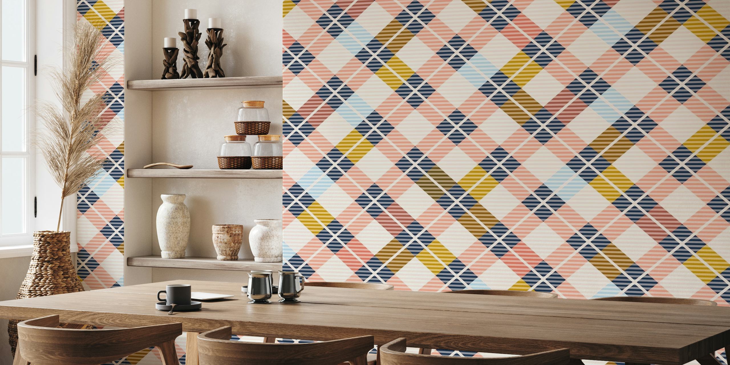 Plaid pattern wall mural in pink, mustard, navy blue, and coral colors