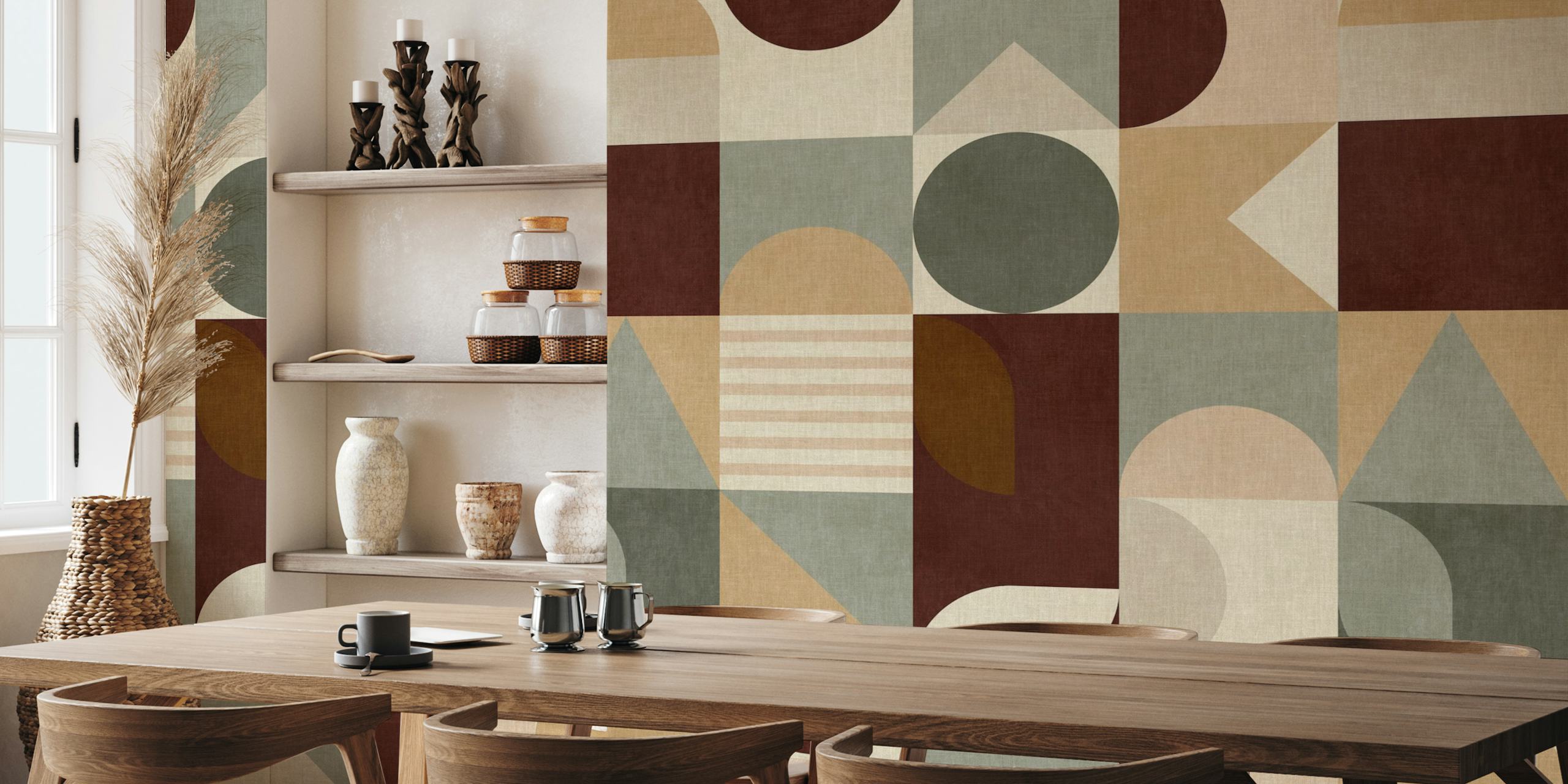 Mid century geometric nature color tapetti huoneessa
