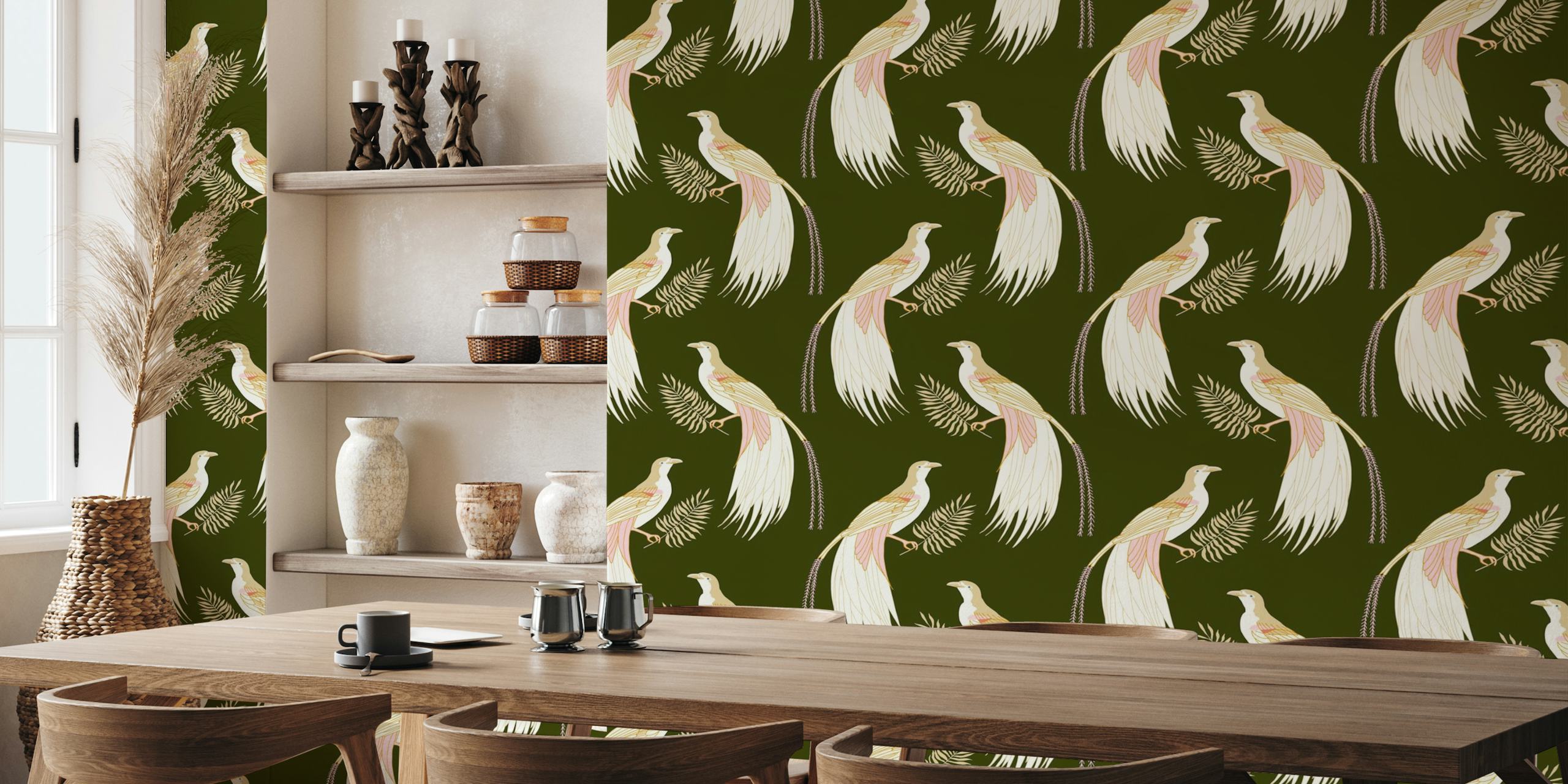 Birds of paradise on dark green tapetit