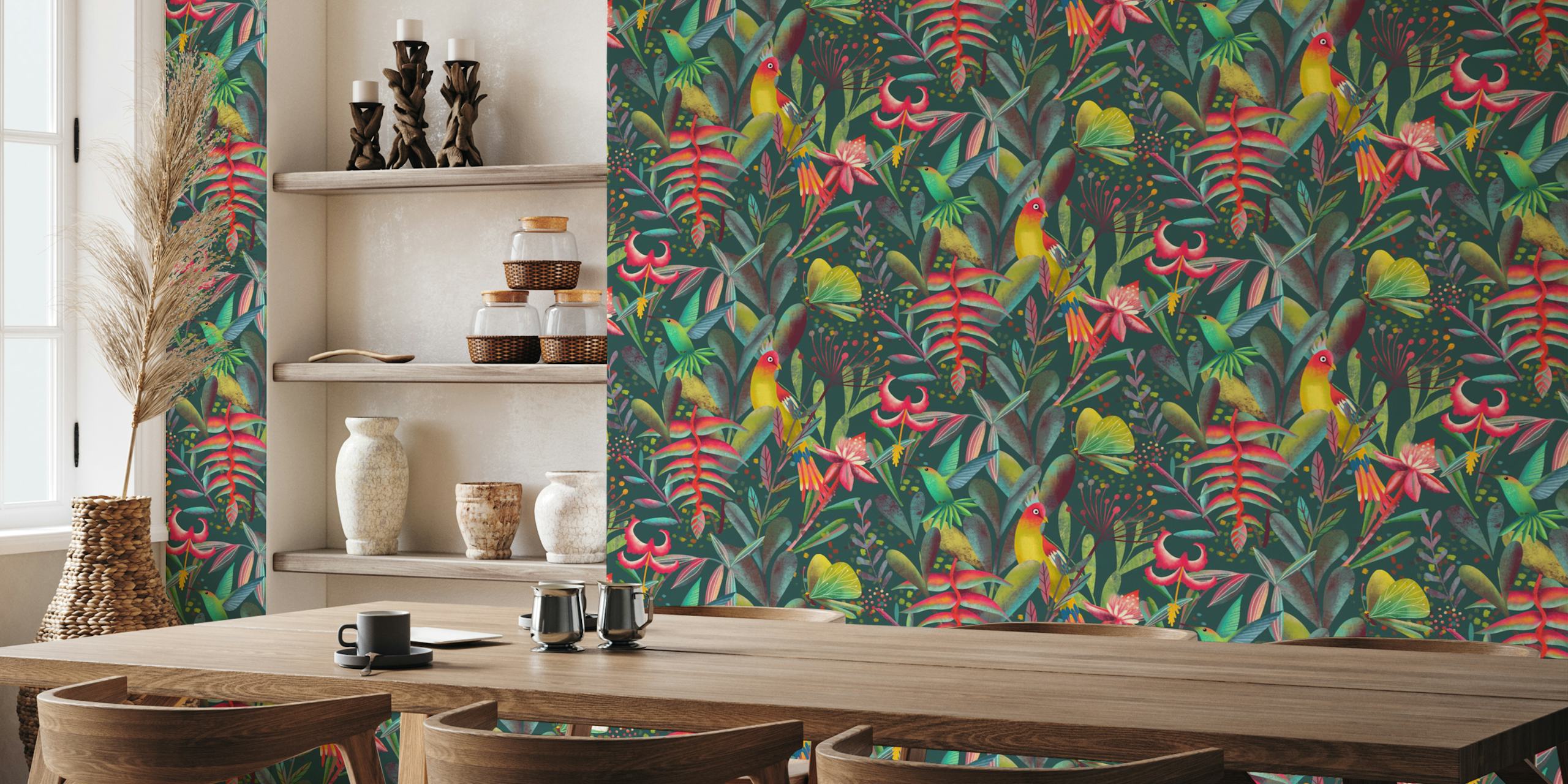 Vibrant jungle floral pattern with colorful birds and flowers wallpaper