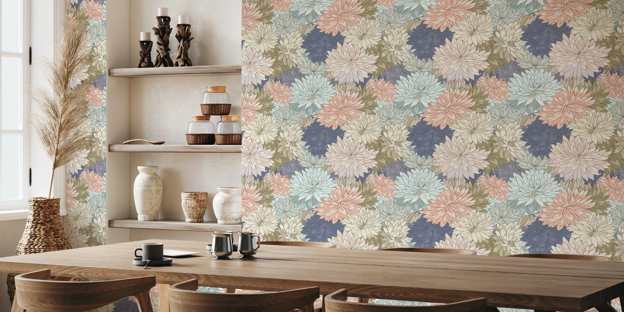 Pastel-colored dahlia flowers wall mural for a serene home decor theme