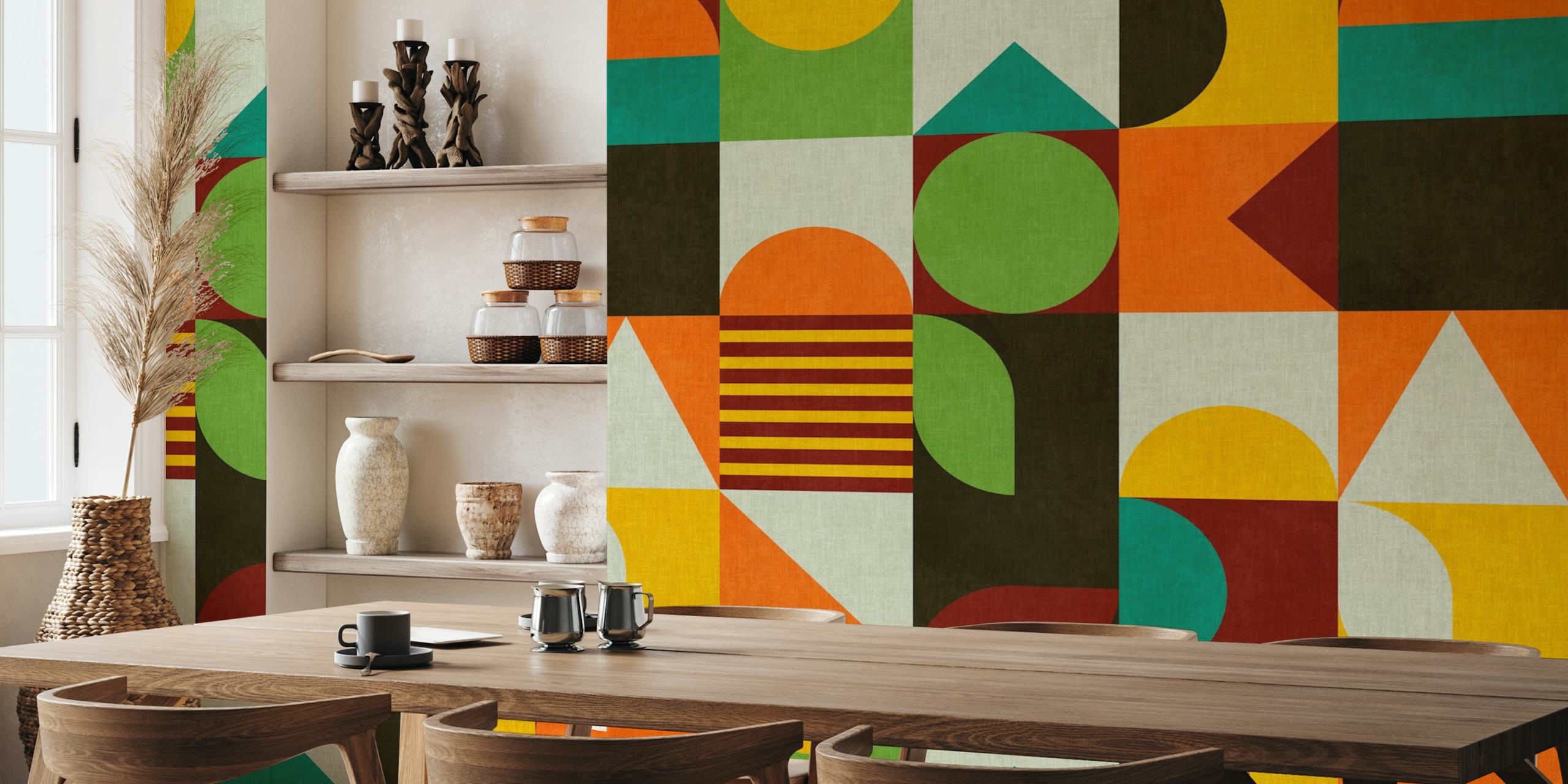Carta da parati Bauhaus geometrica boho in una stanza