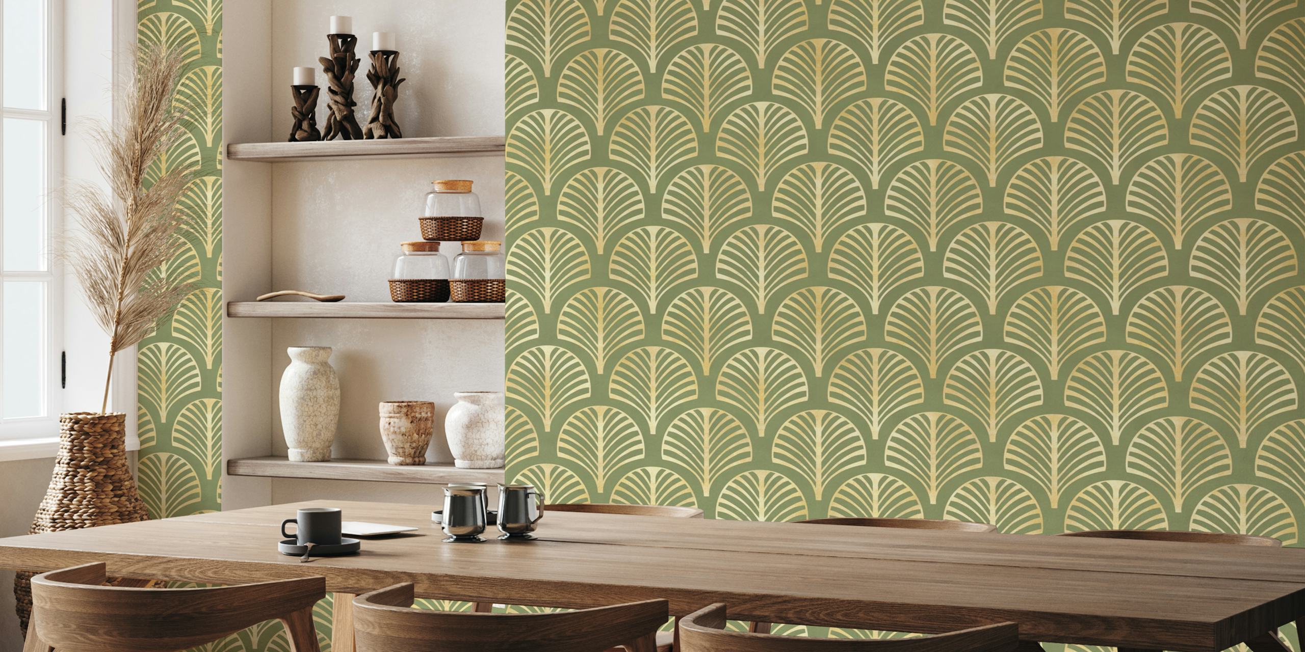 Art Deco leaf pattern in beige on green background wallpaper