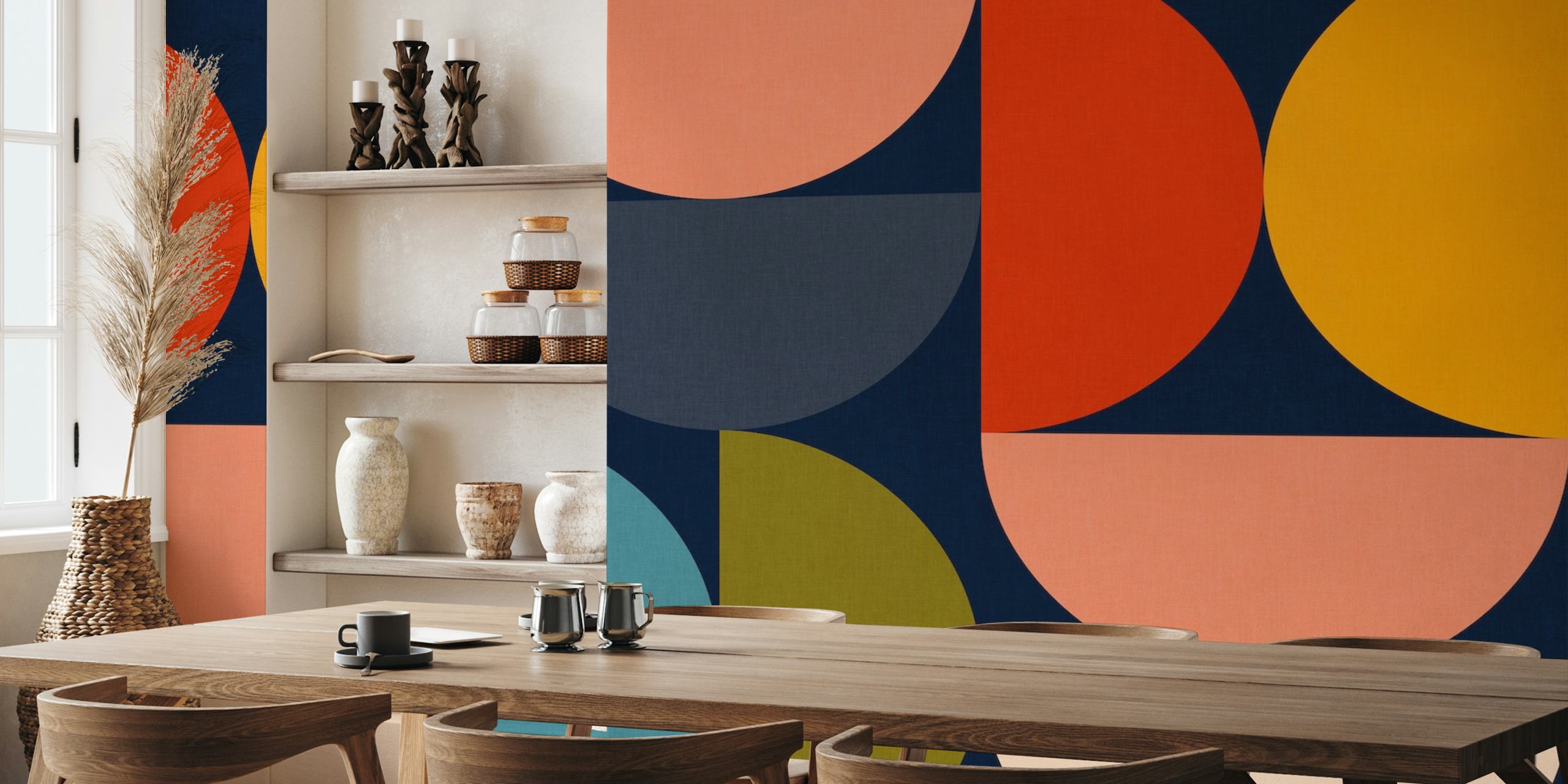 Bauhaus-inspired geometric shapes wall mural with a mid-century color scheme