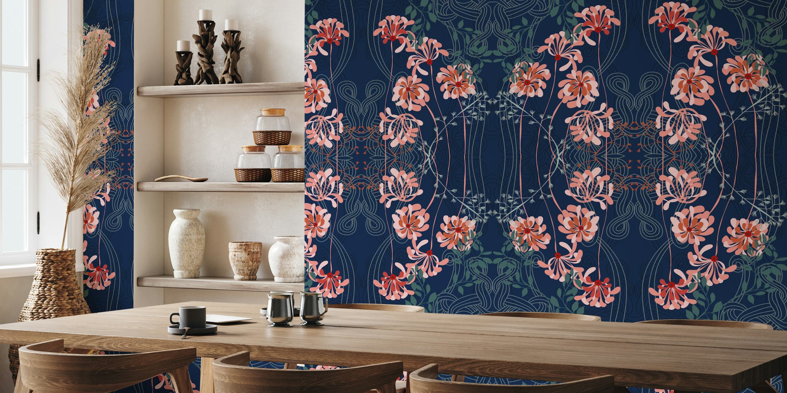 Fleurs roses et vertes sur fond bleu foncé, style Art Nouveau wallpaper