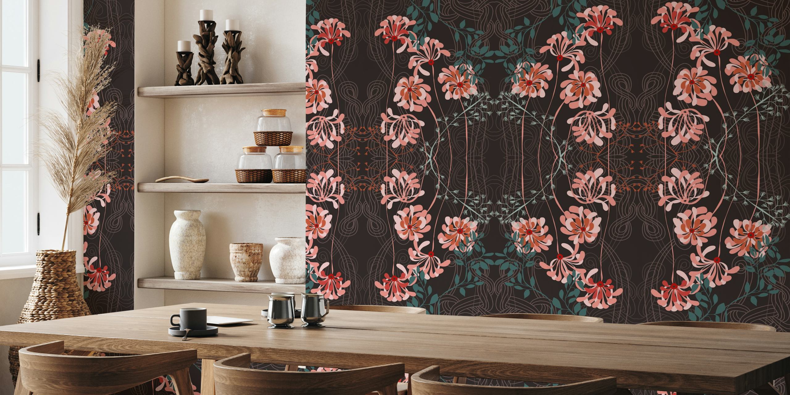 Taupe floral design on dark background, Art Nouveau wallpaper