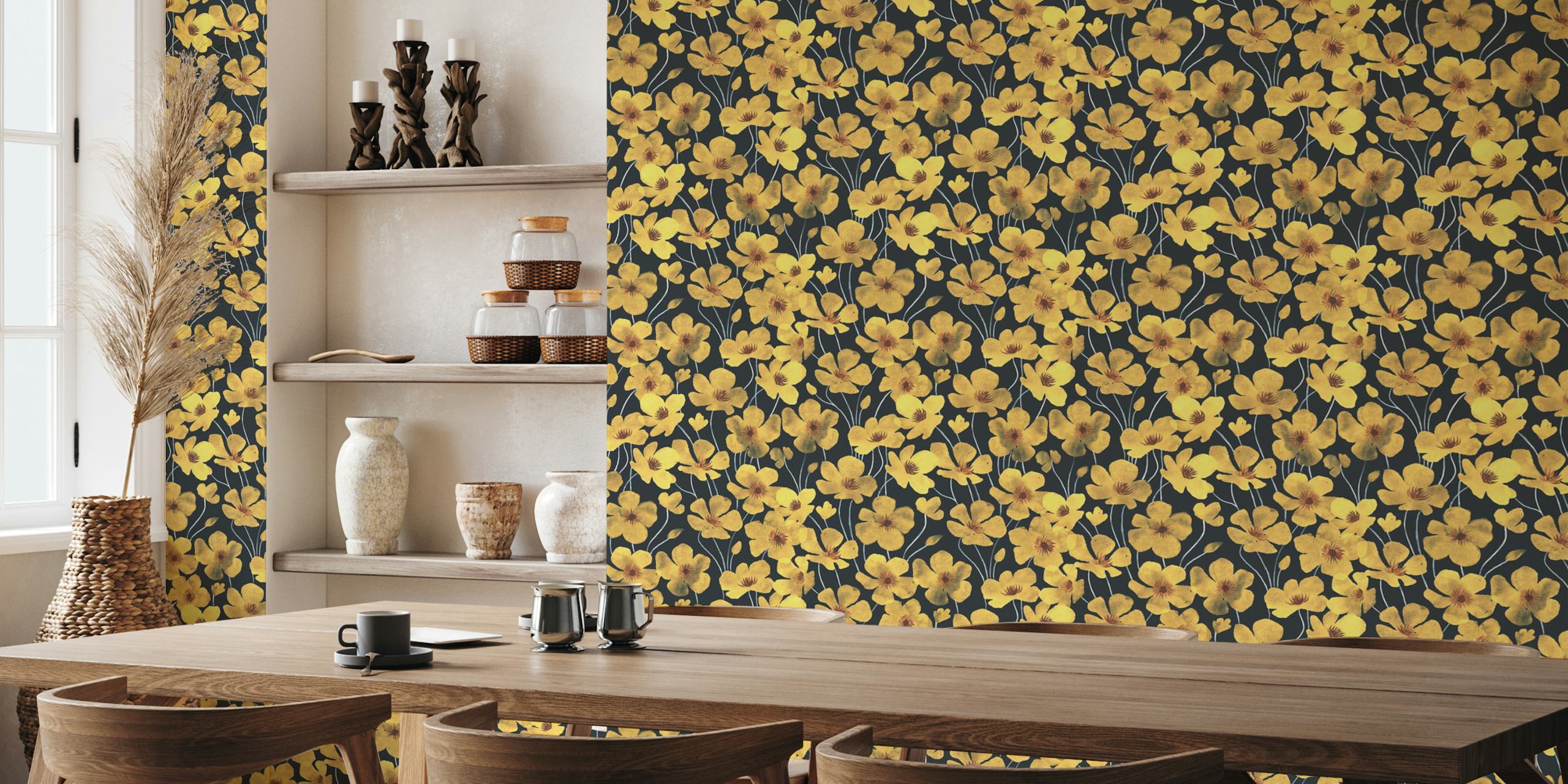 Yellow buttercup flowers on a dark background wallpaper