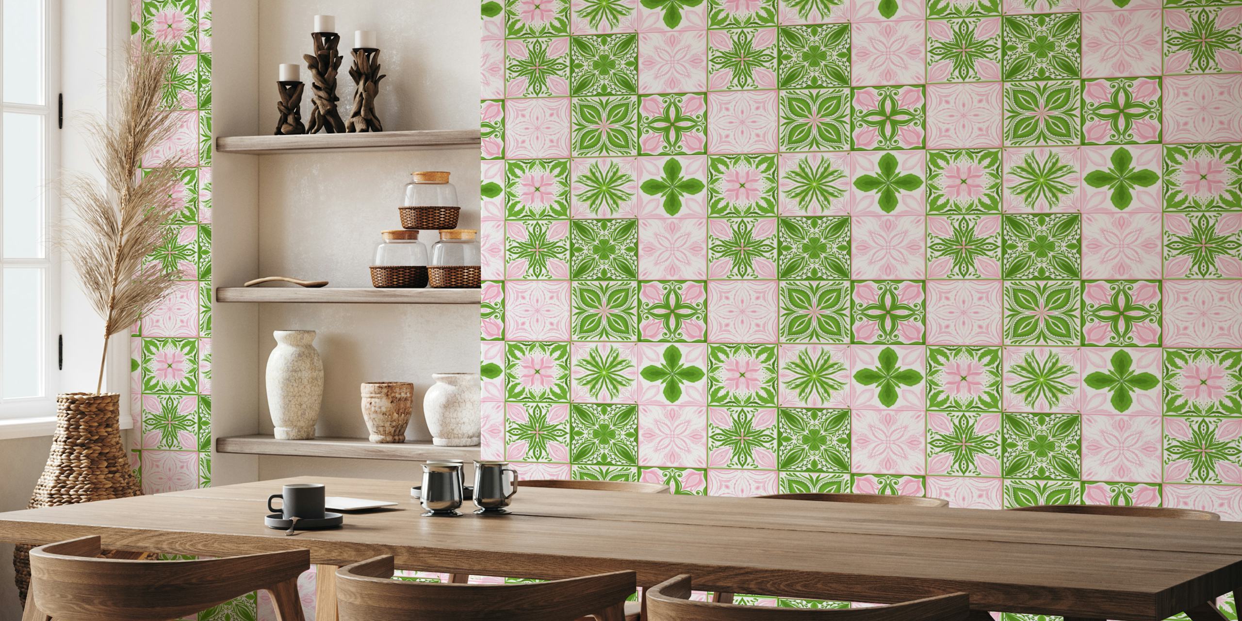Ornate tiles in pink and green papier peint