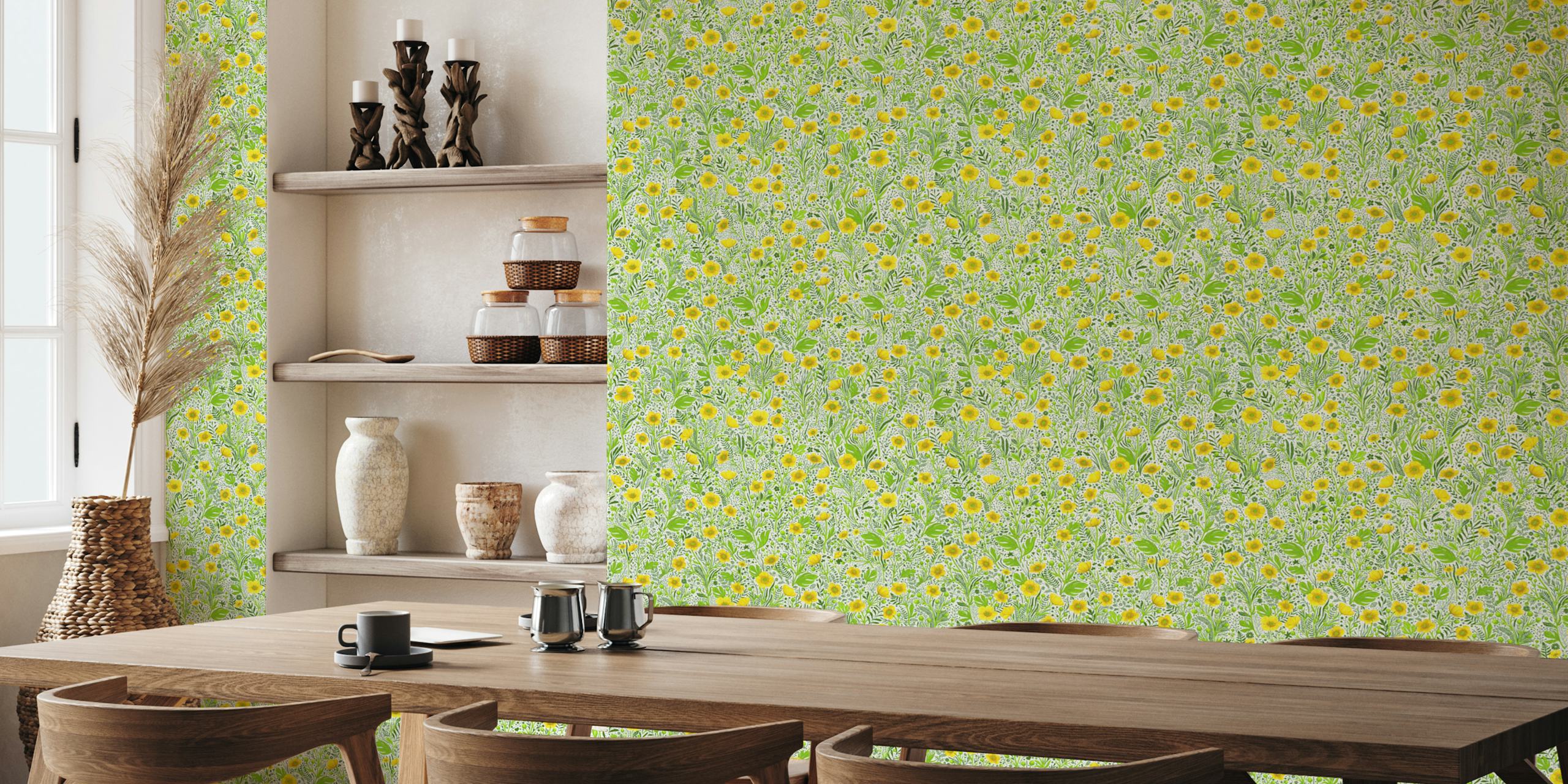 Yellow floral pattern with green leaves wallpaper