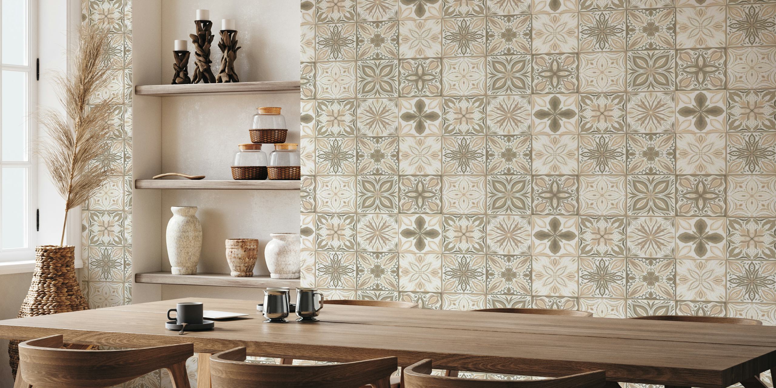 Ornate tiles in neutral browns wall mural