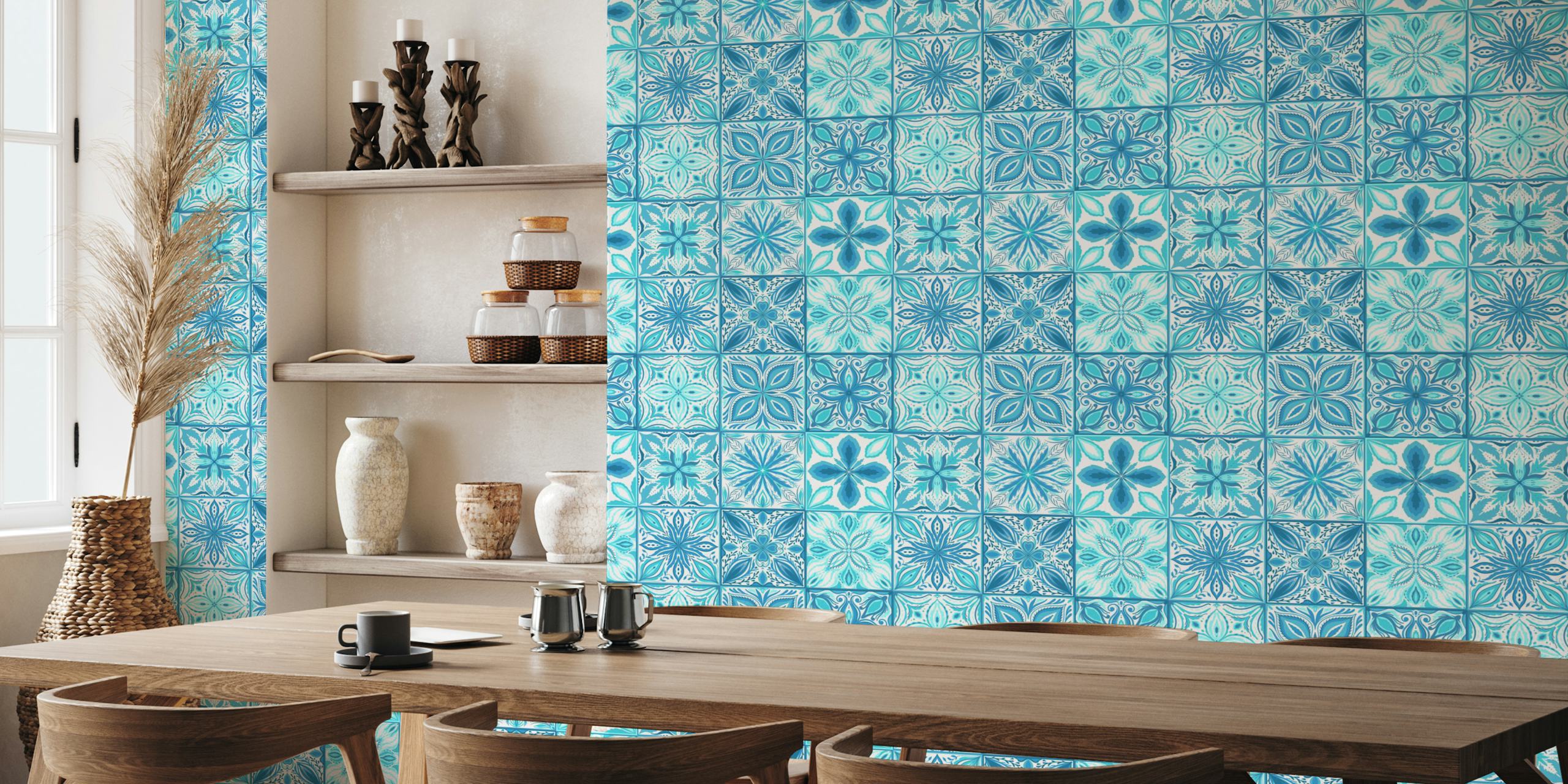 Ornate blue and white tile wallpaper in a room