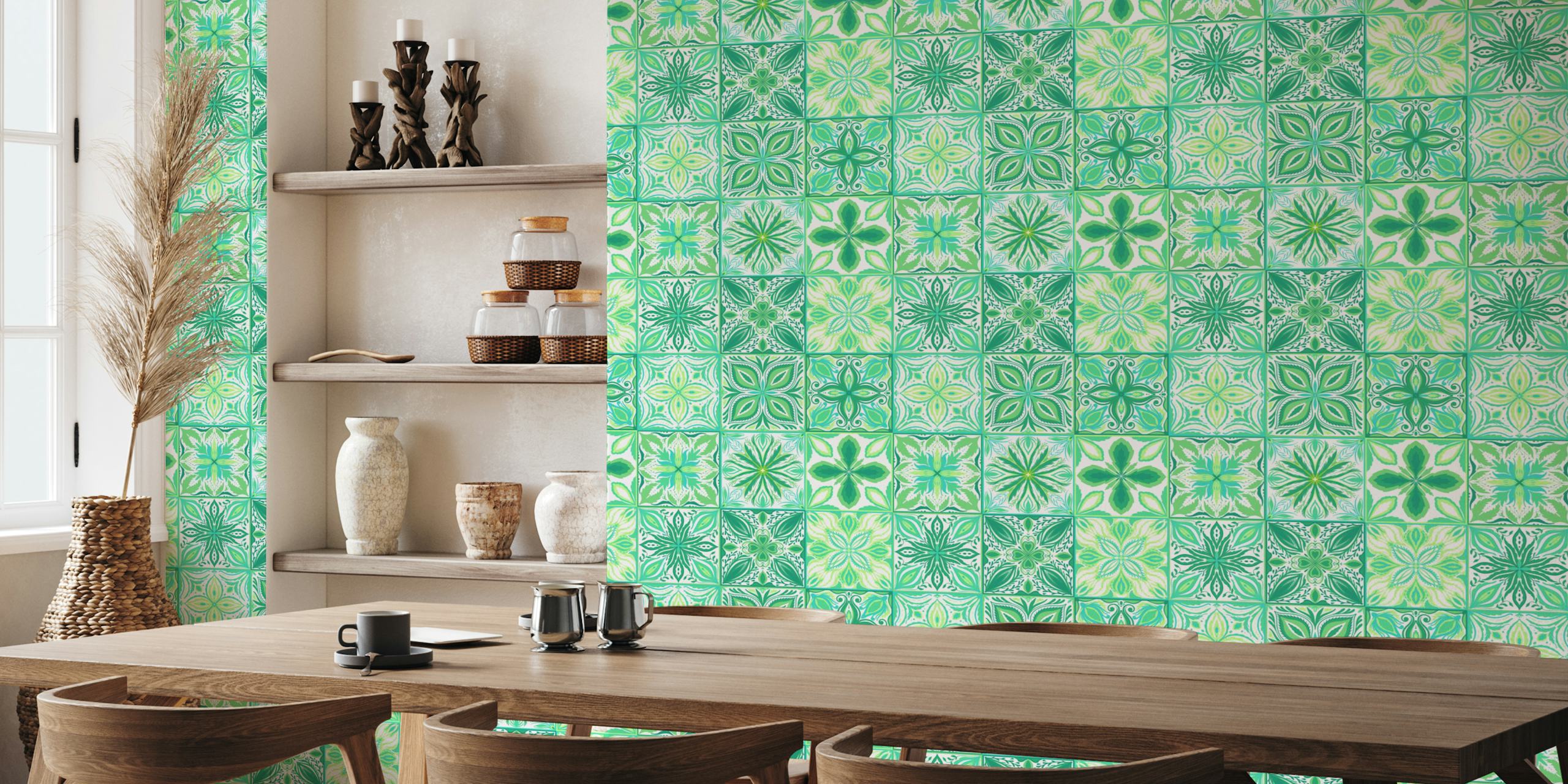 Decorazione murale decorata con motivi di piastrelle verdi e bianche